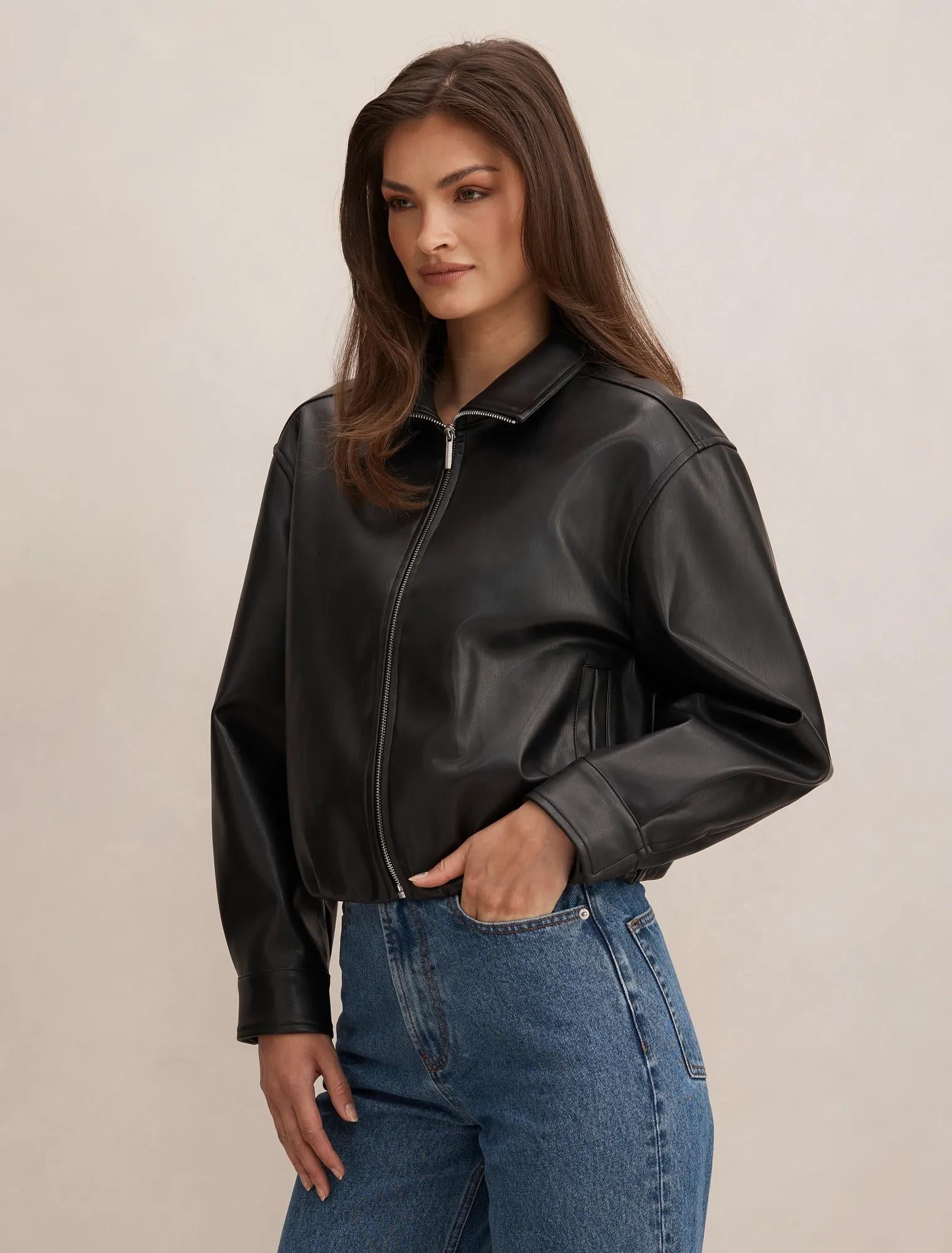 Julia PU Funnel Neck Jacket Black
