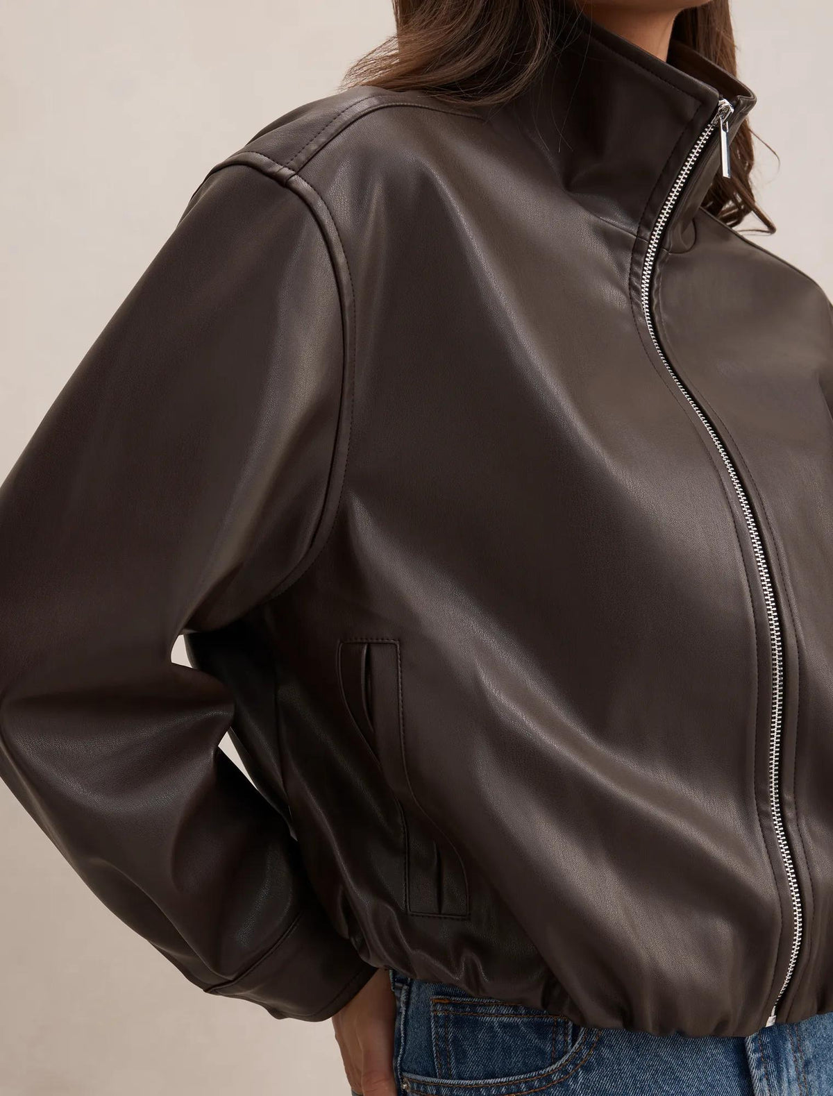 Julia Faux Leather Funnel Neck Jacket Chocolate