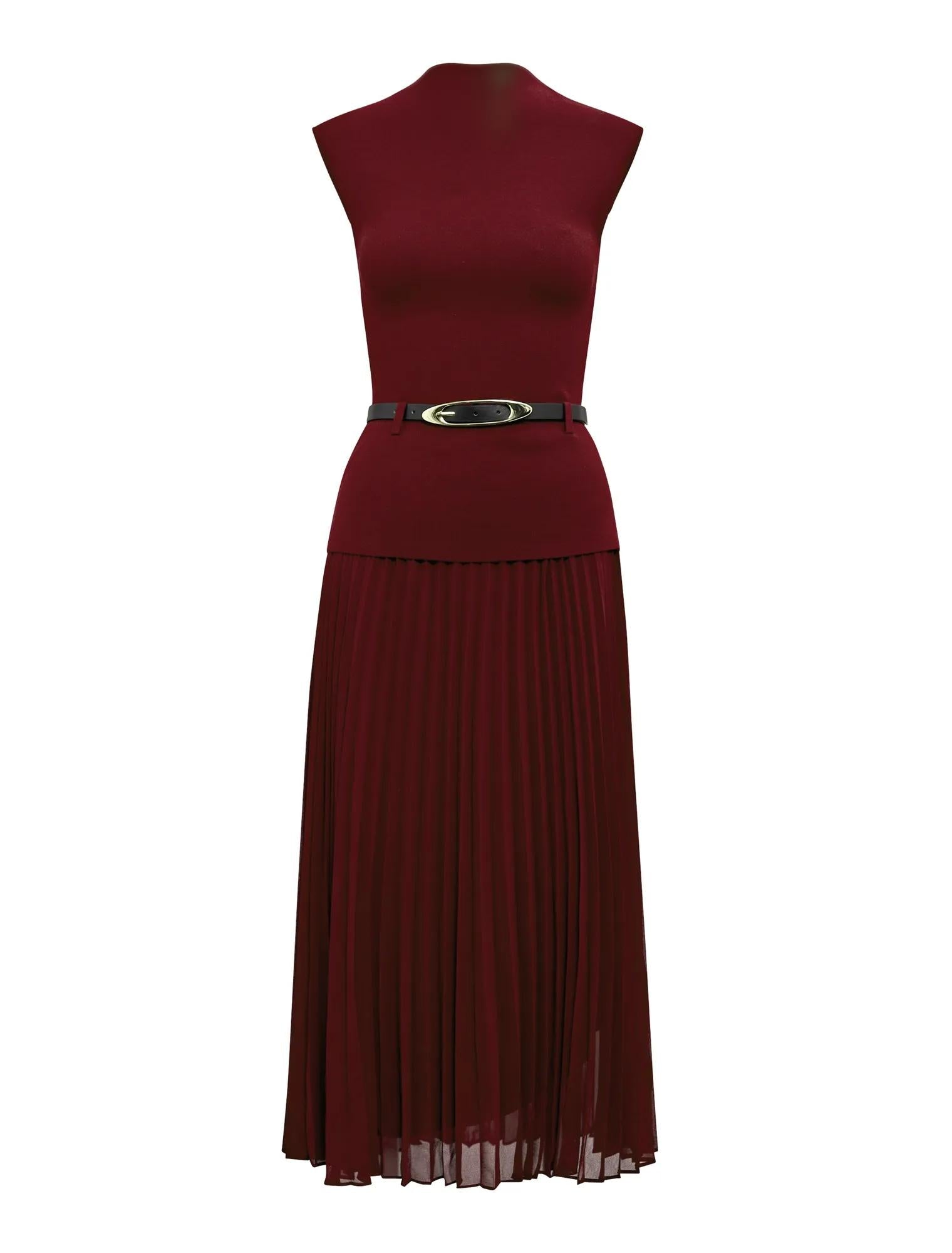 Lorelei Woven Mixed Midi Dress Burgundy Rose
