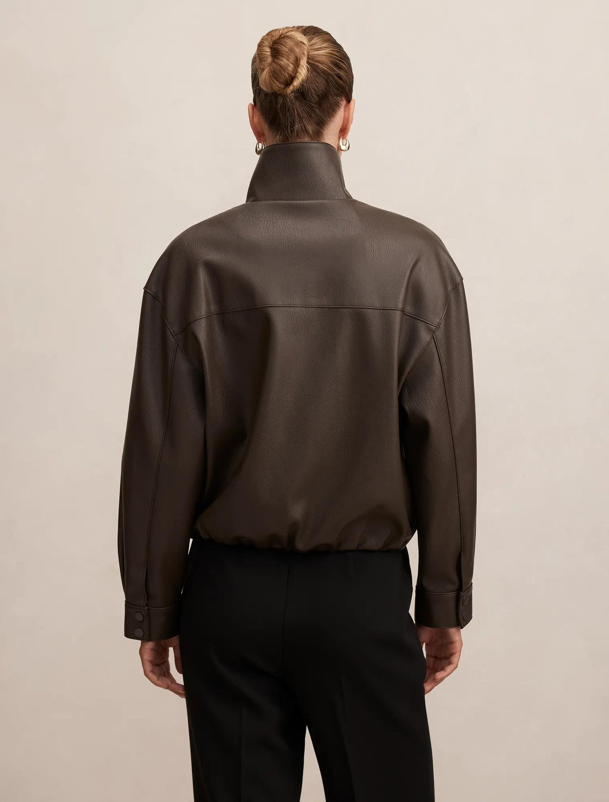 Angela Funnel Neck Faux Leather Bomber Jacket Chocolate