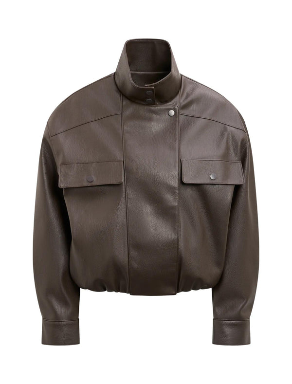 Angela Funnel Neck Faux Leather Bomber Jacket Chocolate_mannequin