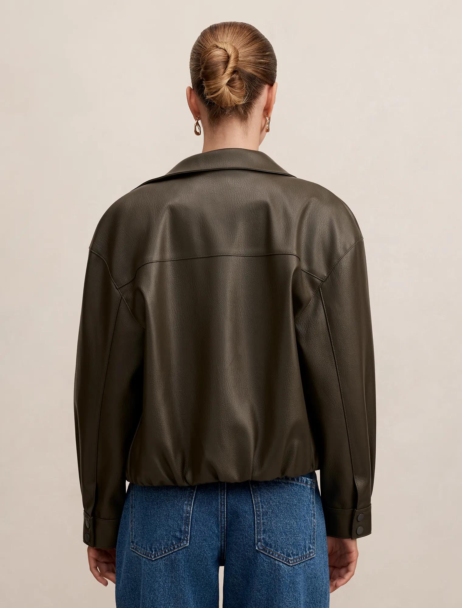 Angela Funnel Neck Faux Leather Bomber Jacket Khaki