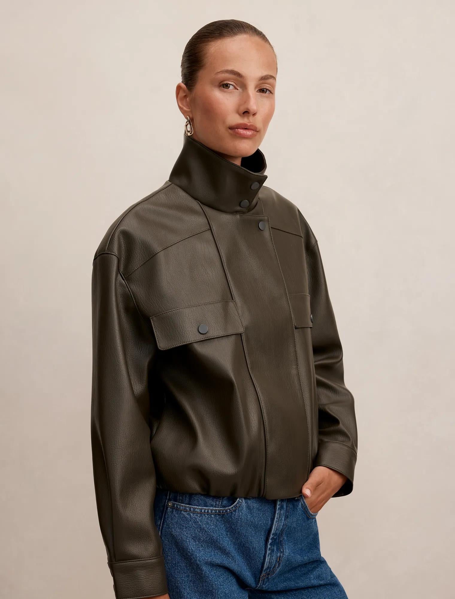 Angela Funnel Neck Faux Leather Bomber Jacket Khaki