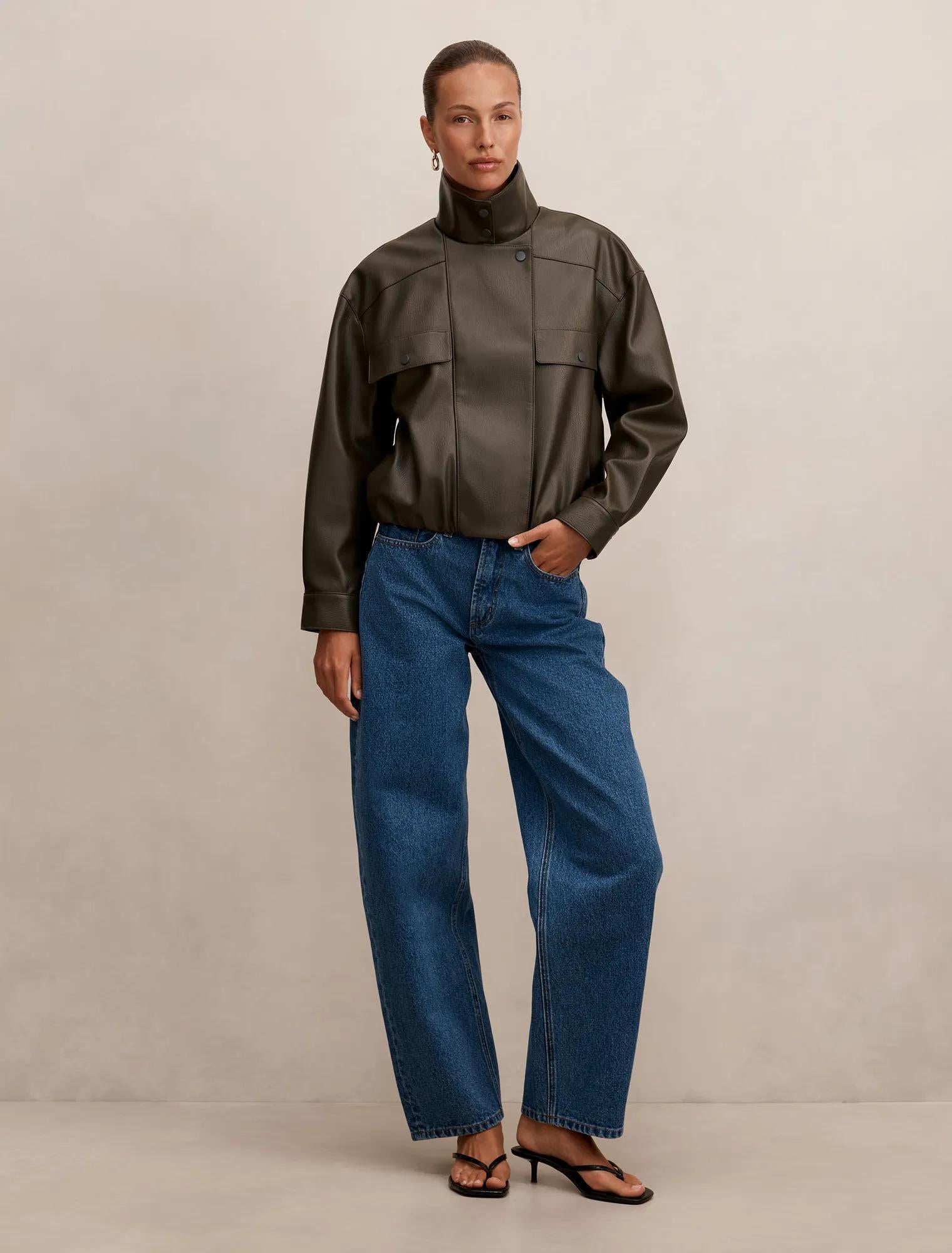 Angela Funnel Neck Faux Leather Bomber Jacket Khaki