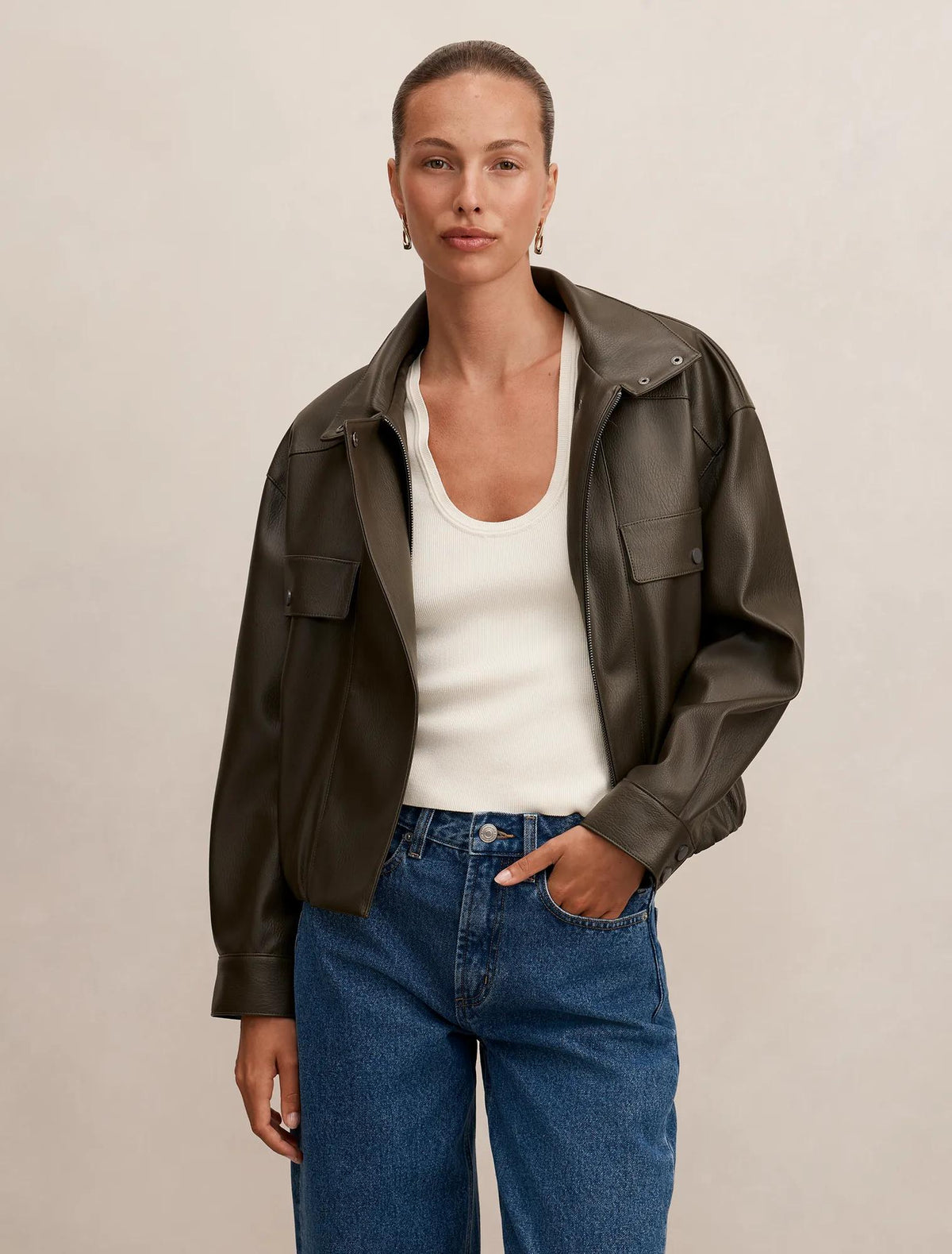 Angela Funnel Neck Faux Leather Bomber Jacket Khaki
