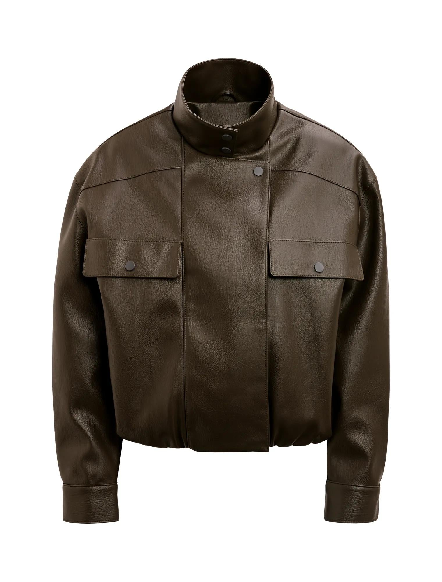 Angela Funnel Neck Faux Leather Bomber Jacket Khaki_mannequin