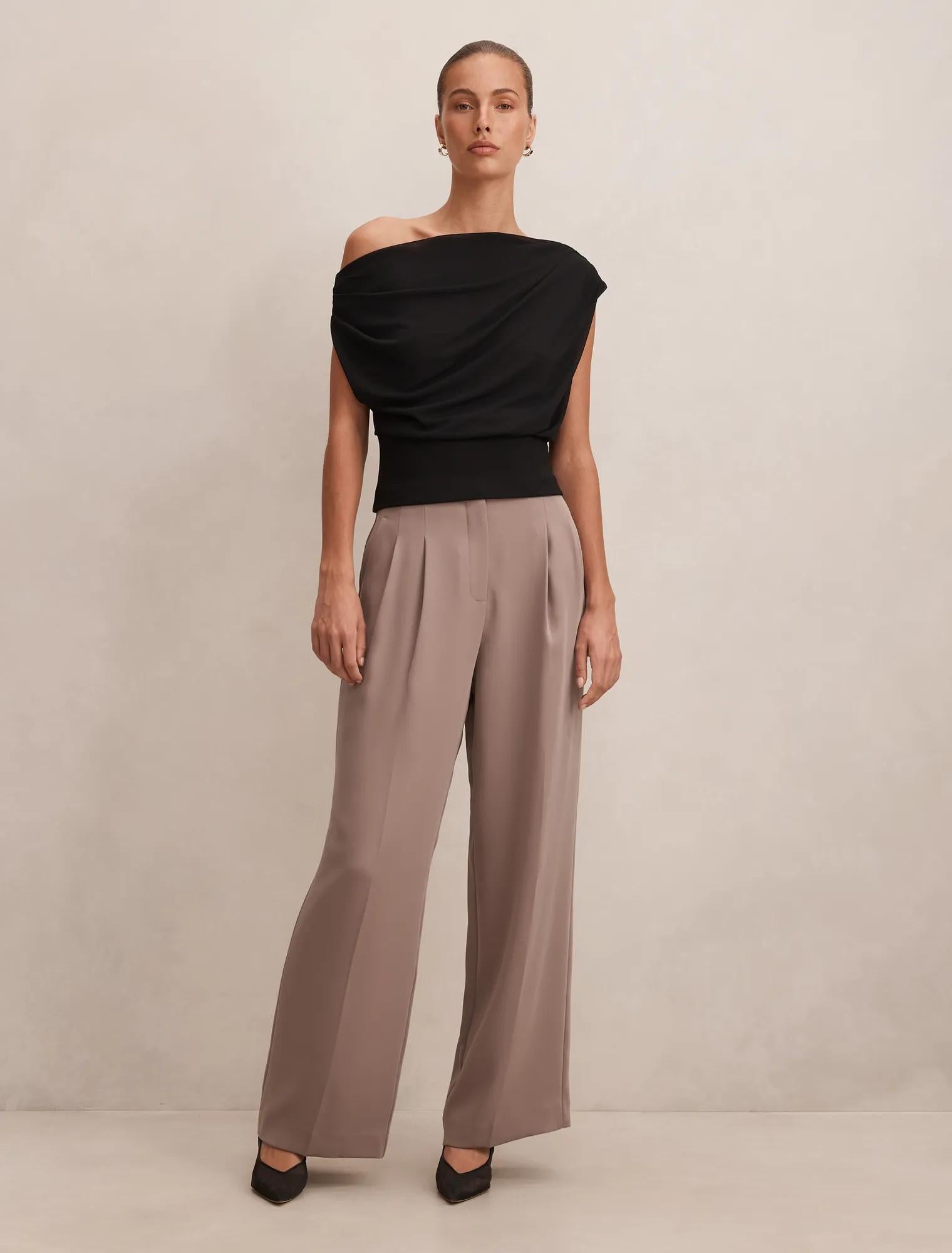 Julia Pleated Waist Wide Leg Pants Soft Mocha Set