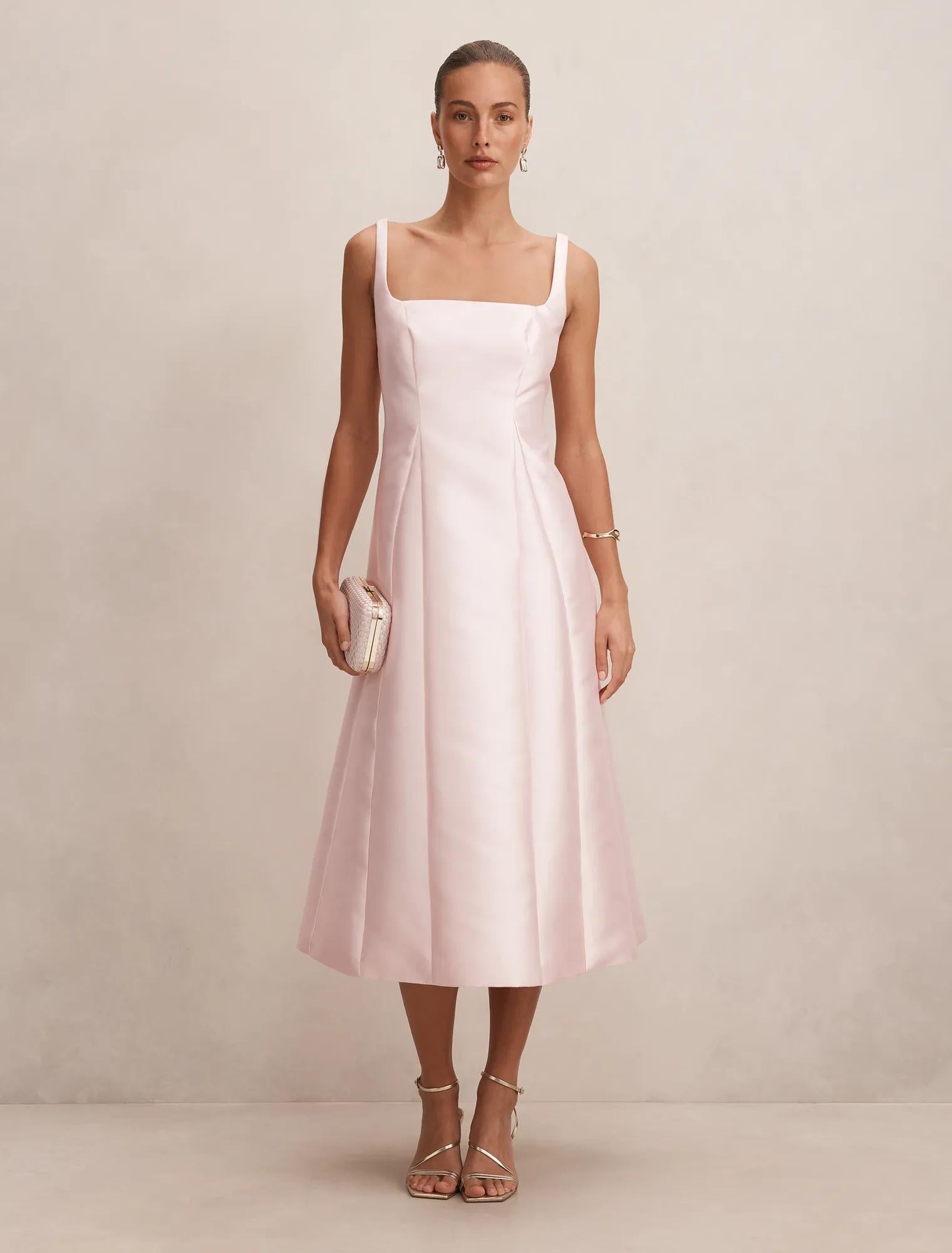 Kayla Structured Satin Midi Dress Pink