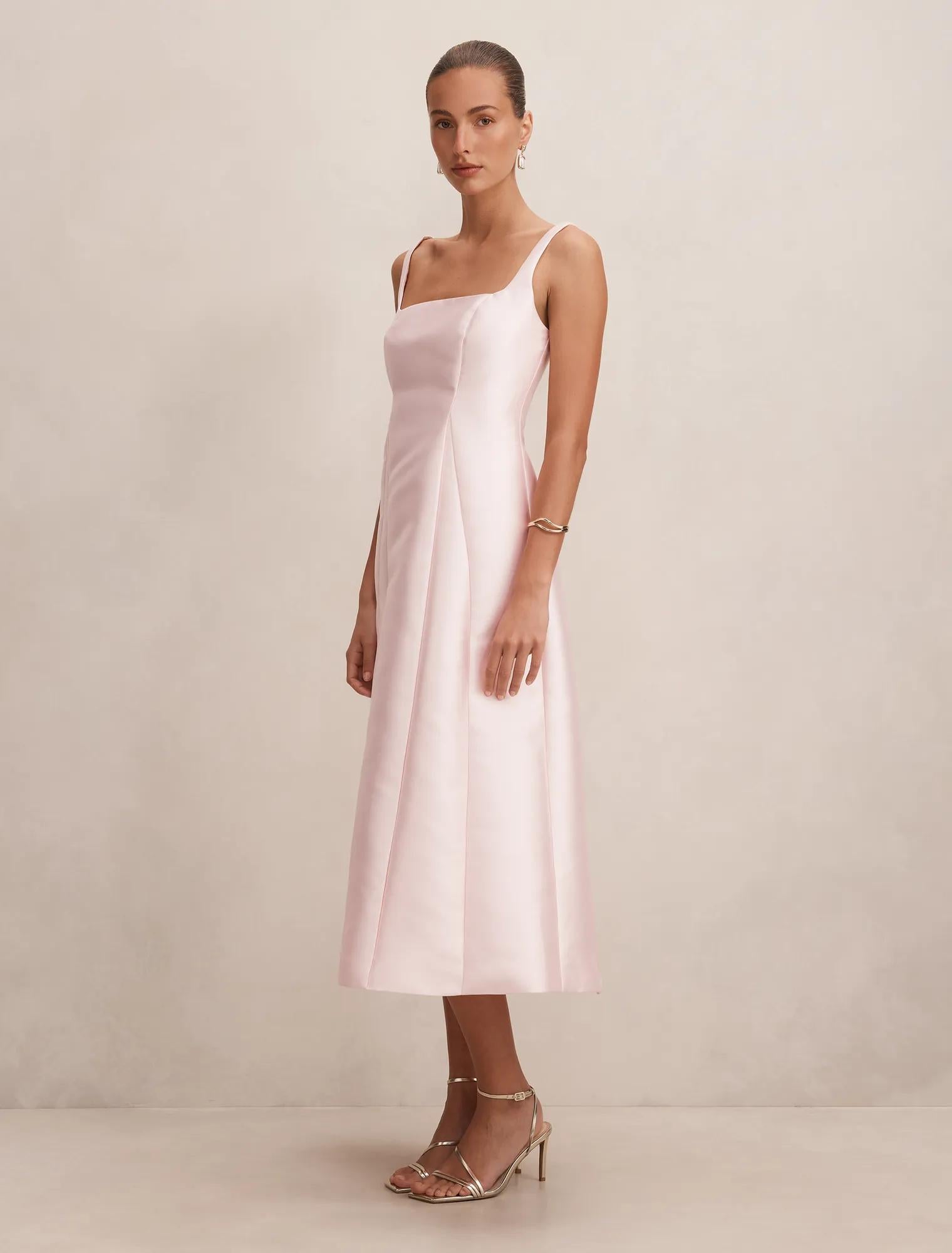 Kayla Structured Satin Midi Dress Pink