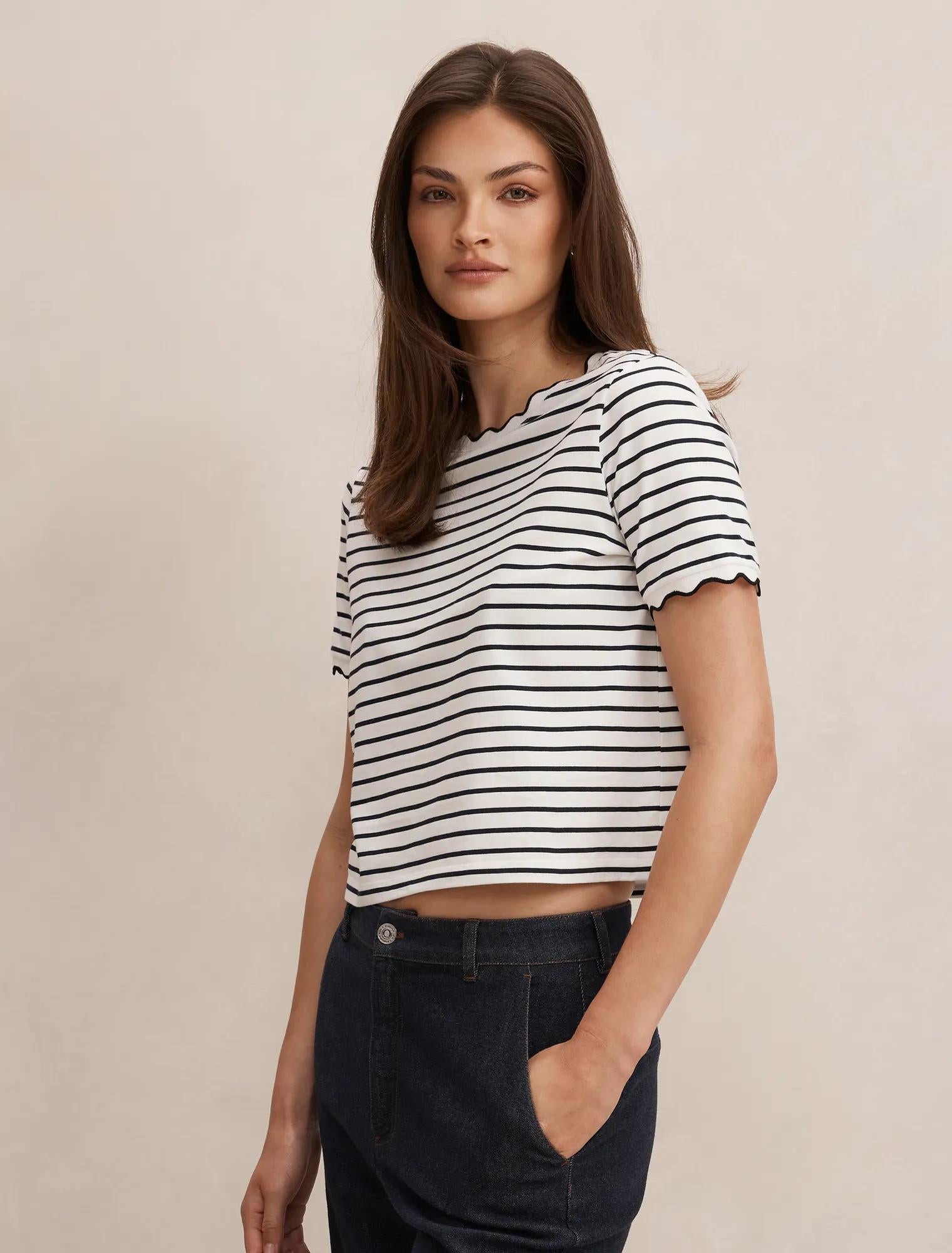 Dolly Stripe Scallop Tee Black & White Stripe