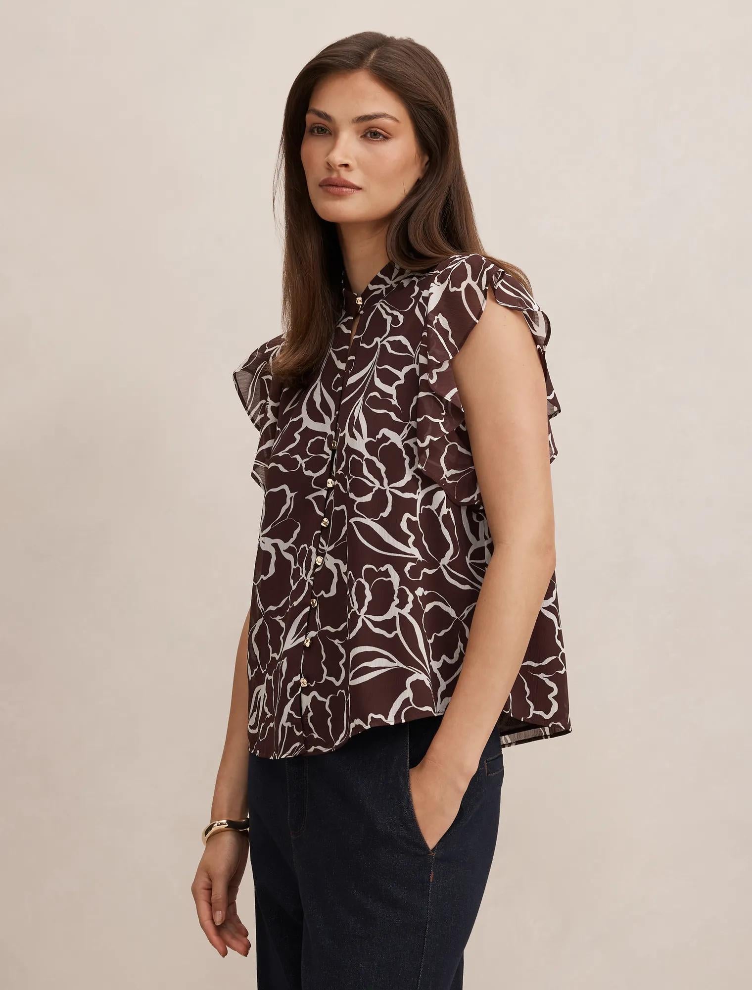 Tullia Ruffle Sleeve Blouse Choc Myra Floral