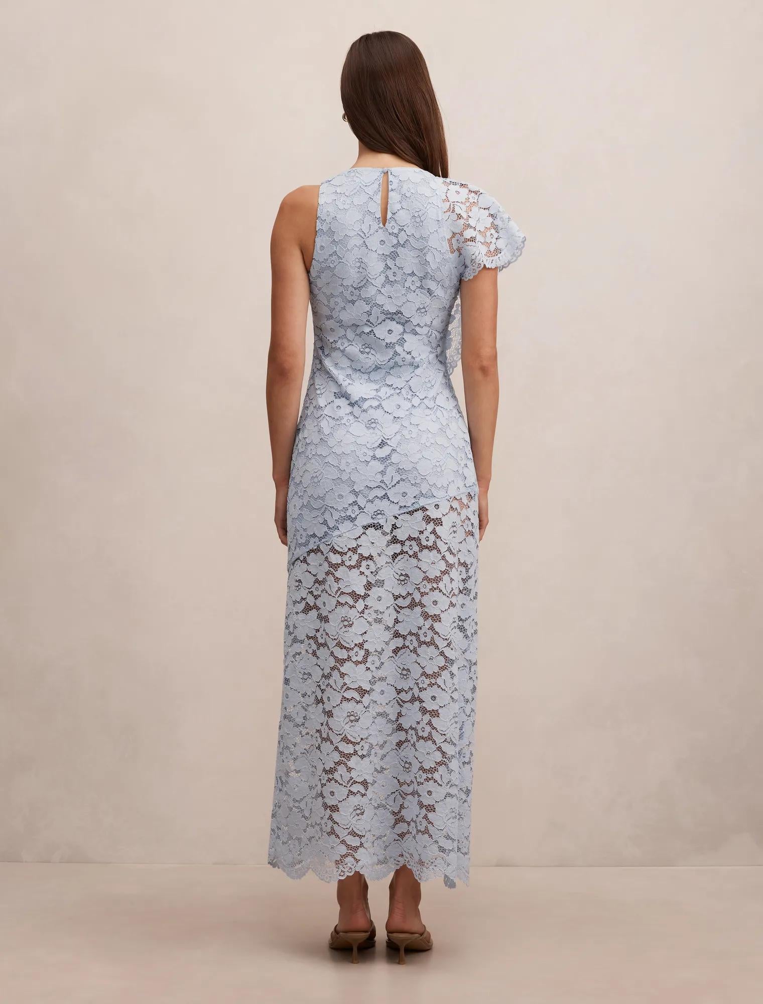 Livvie Asymmetric Lace Maxi Dress Powder Blue