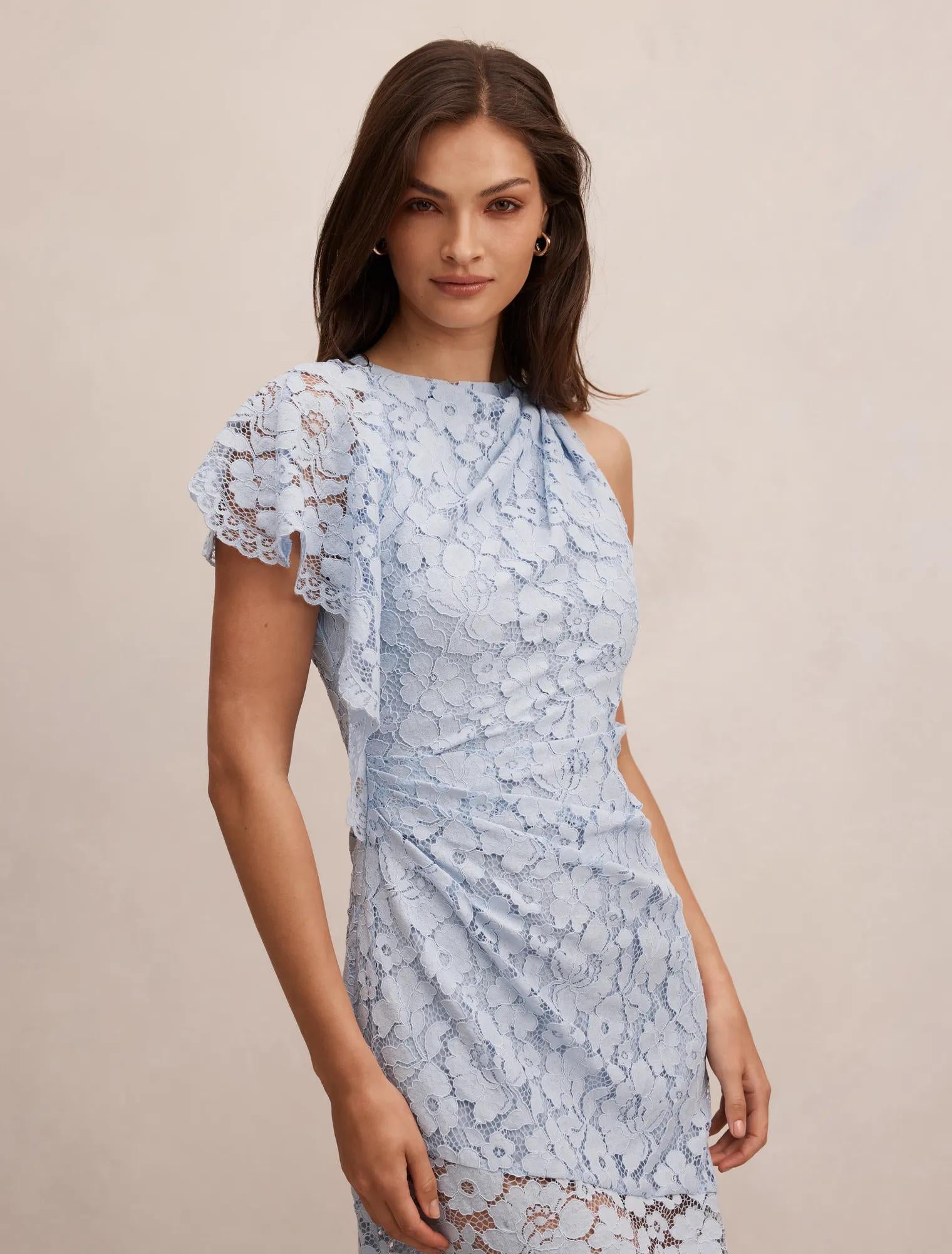 Livvie Asymmetric Lace Maxi Dress Powder Blue