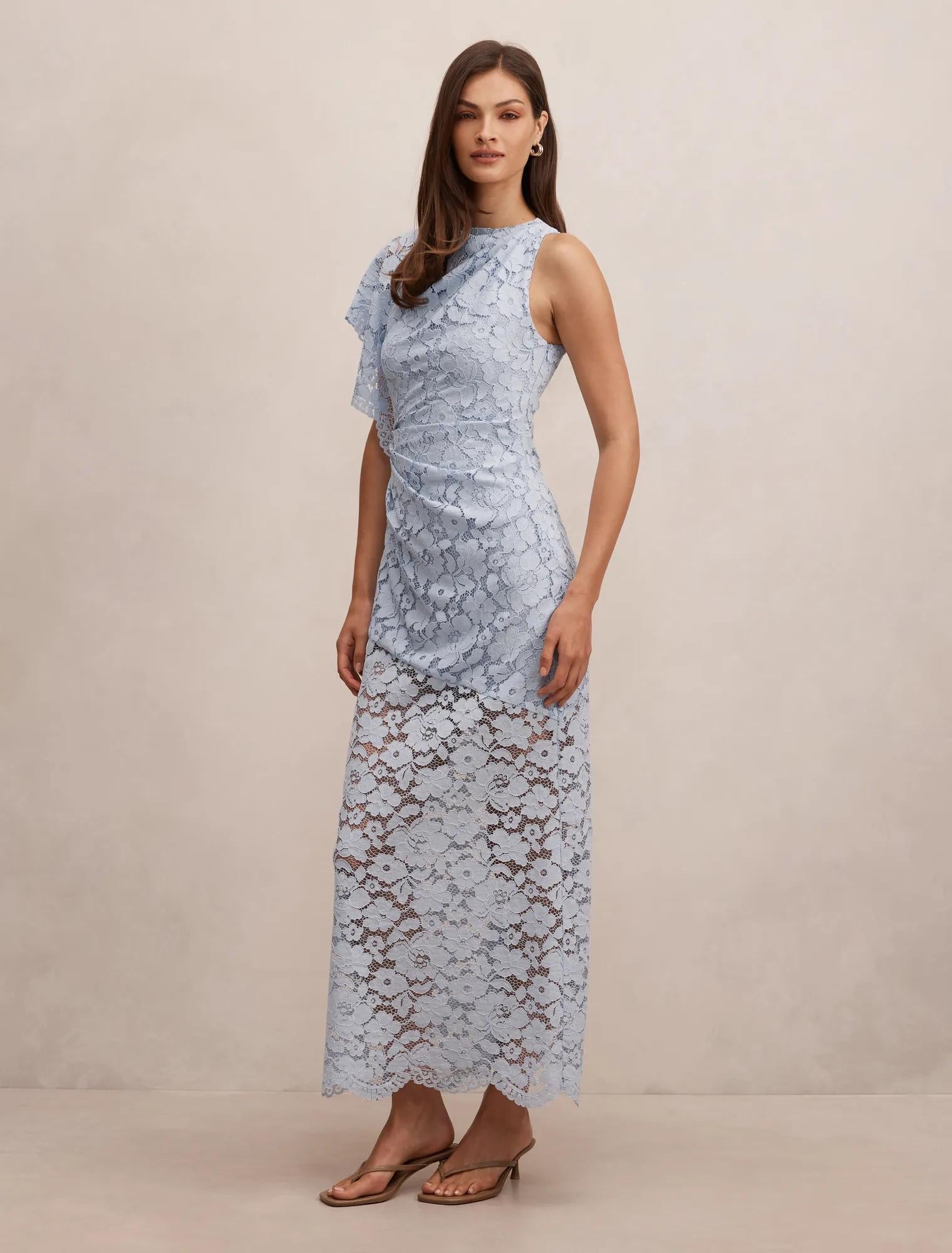 Livvie Asymmetric Lace Maxi Dress Powder Blue