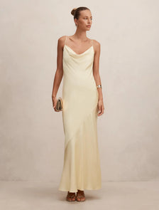 Amery 3D Floral Satin Maxi Dress Soft Yellow