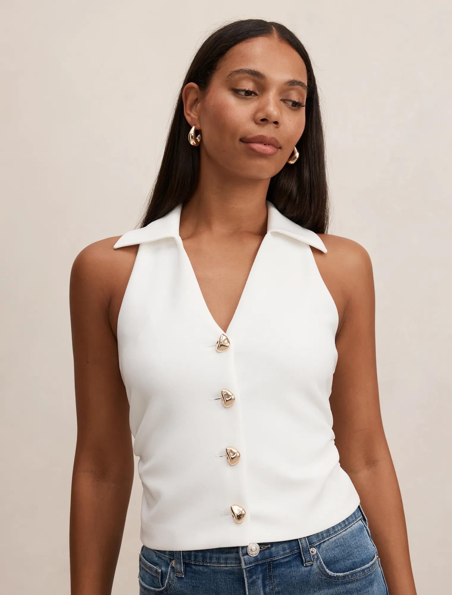 Tully Collared V Neck Top Porcelain