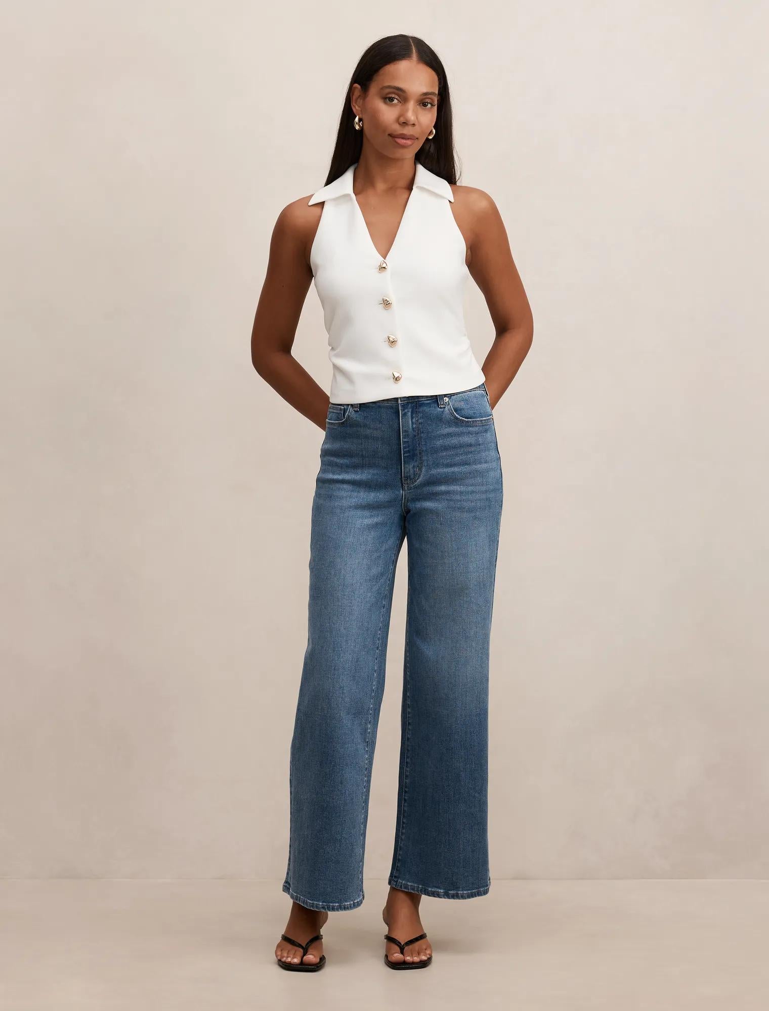 Tully Collared V Neck Top Porcelain
