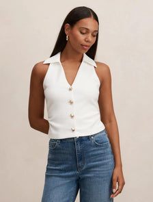 Tully Collared V Neck Top Porcelain