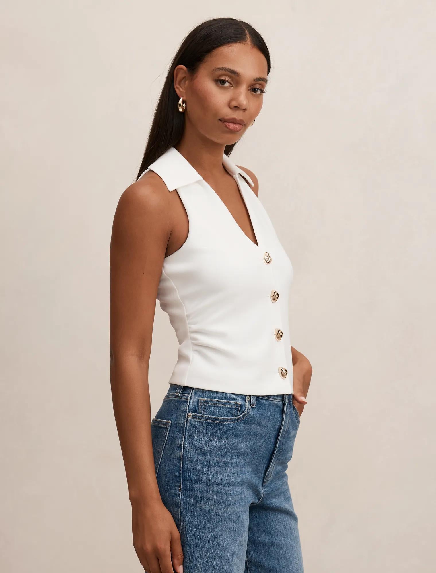 Tully Collared V Neck Top Porcelain