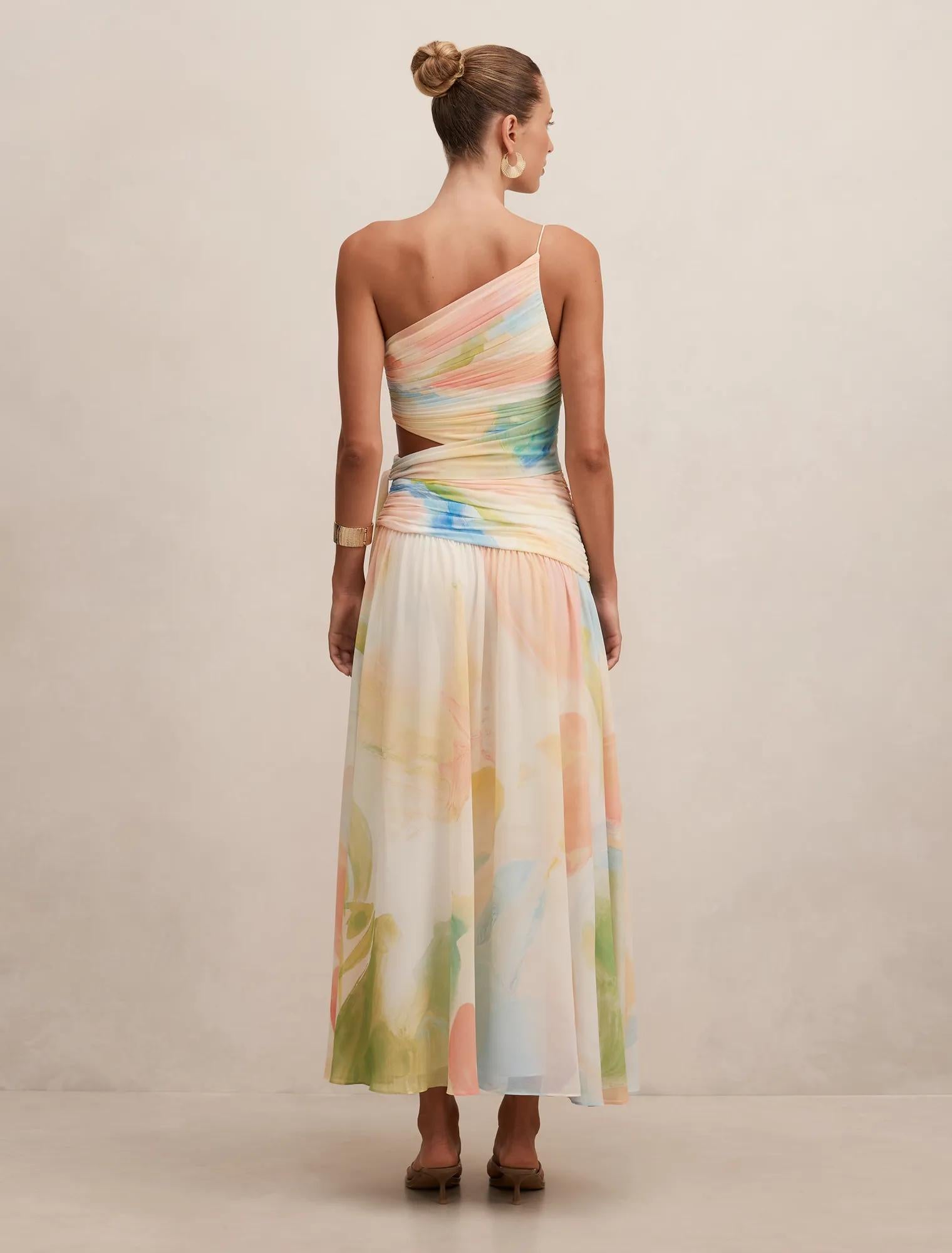 Connie Ruched Asymmetric Maxi Dress Melia Abstract