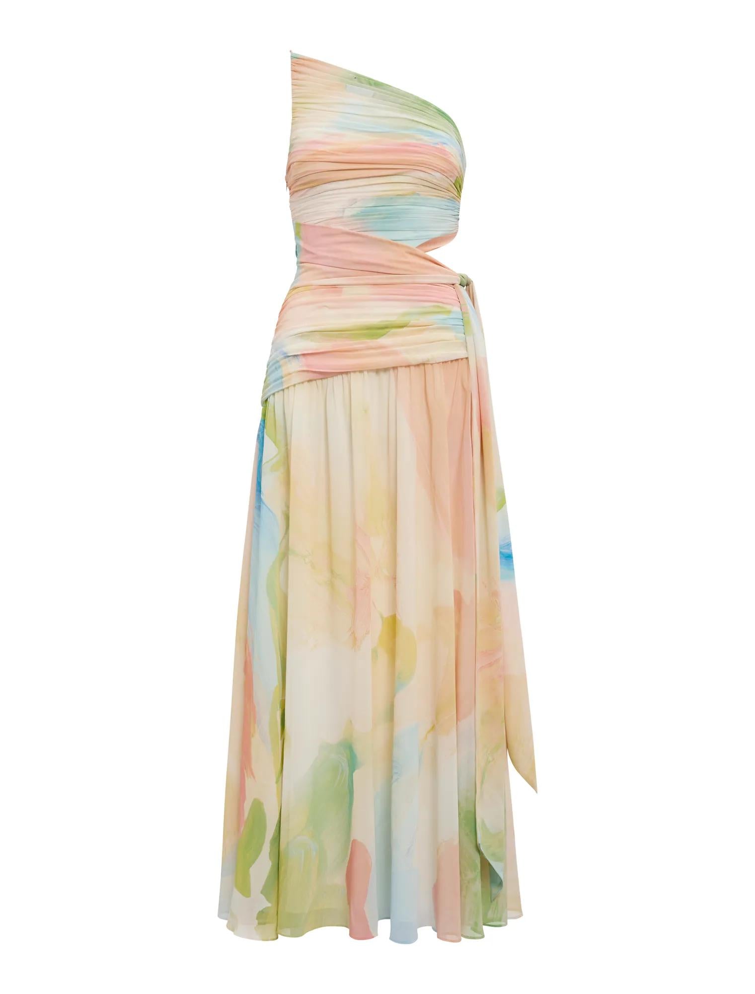 Connie Ruched Asymmetric Maxi Dress Melia Abstract_mannequin