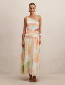 Connie Ruched Asymmetric Maxi Dress Melia Abstract