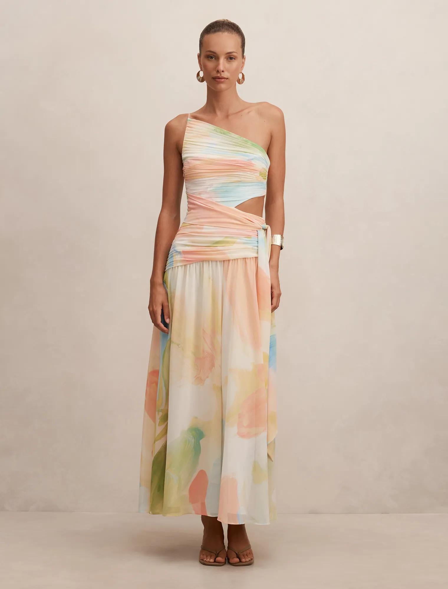 Connie Ruched Asymmetric Maxi Dress Melia Abstract