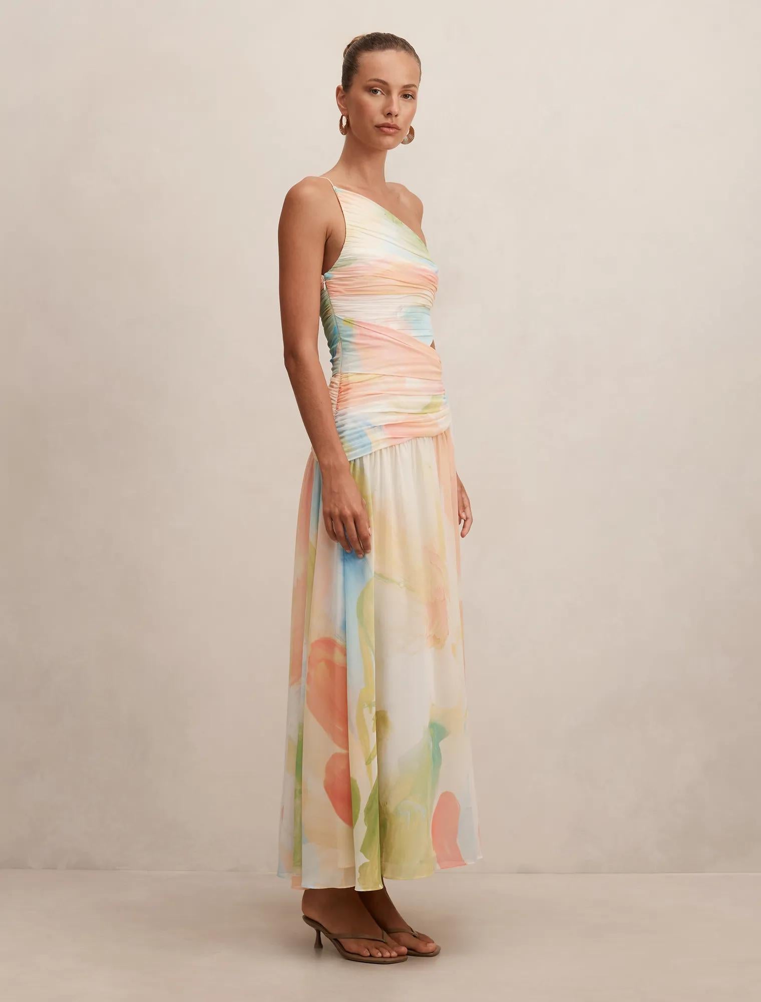 Connie Ruched Asymmetric Maxi Dress Melia Abstract