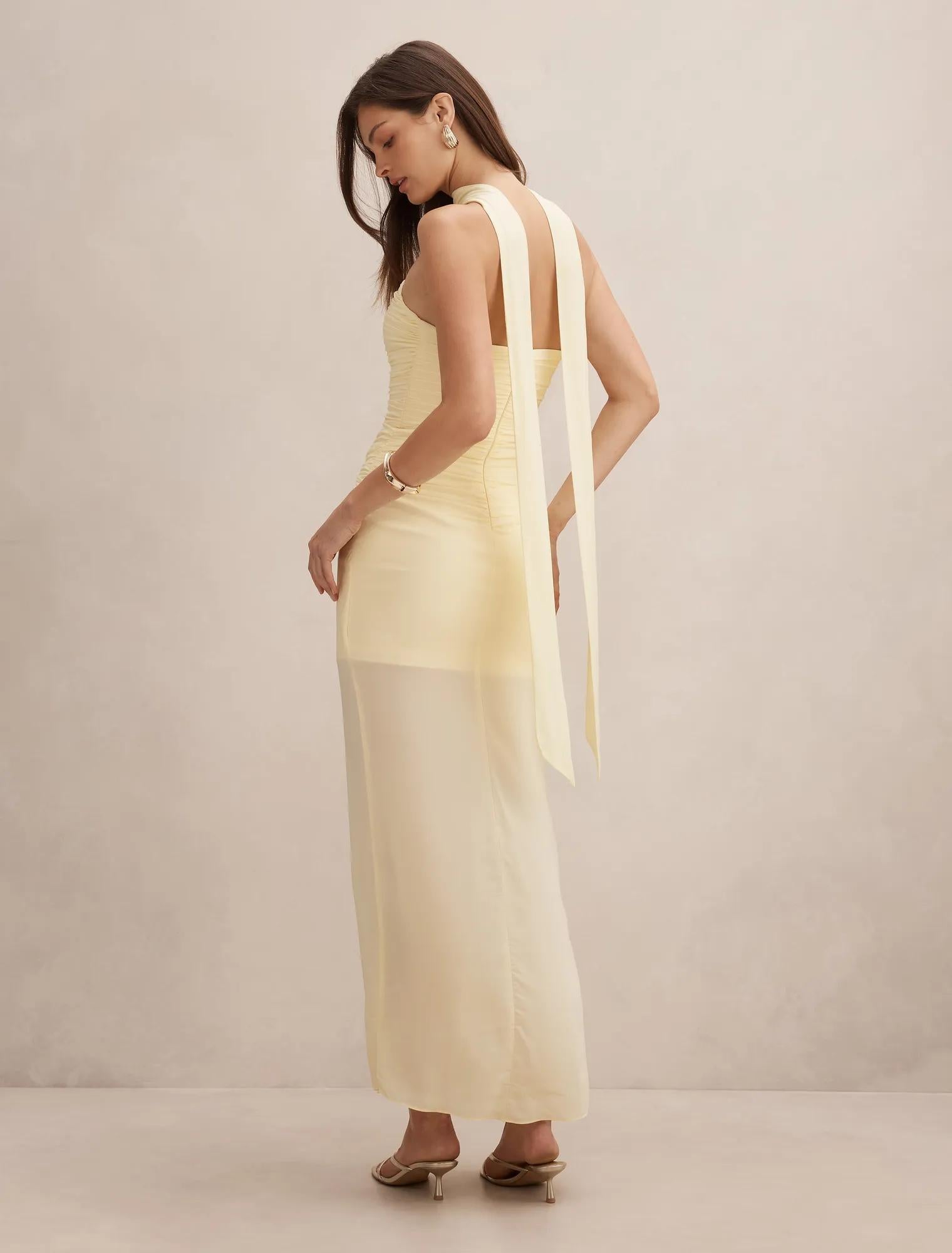 Arli Strapless Ruched Maxi Dress Lemon