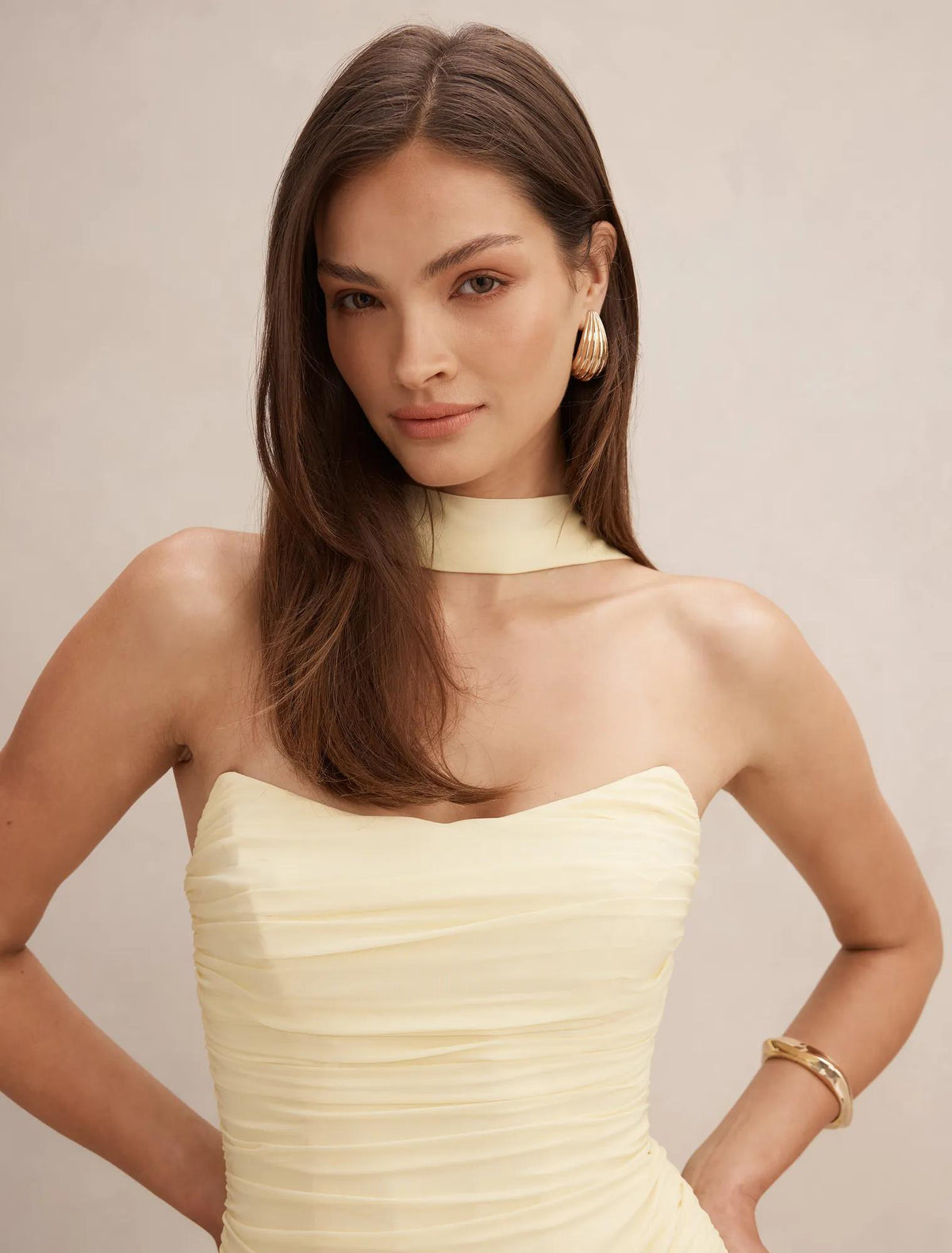Arli Strapless Ruched Maxi Dress Lemon