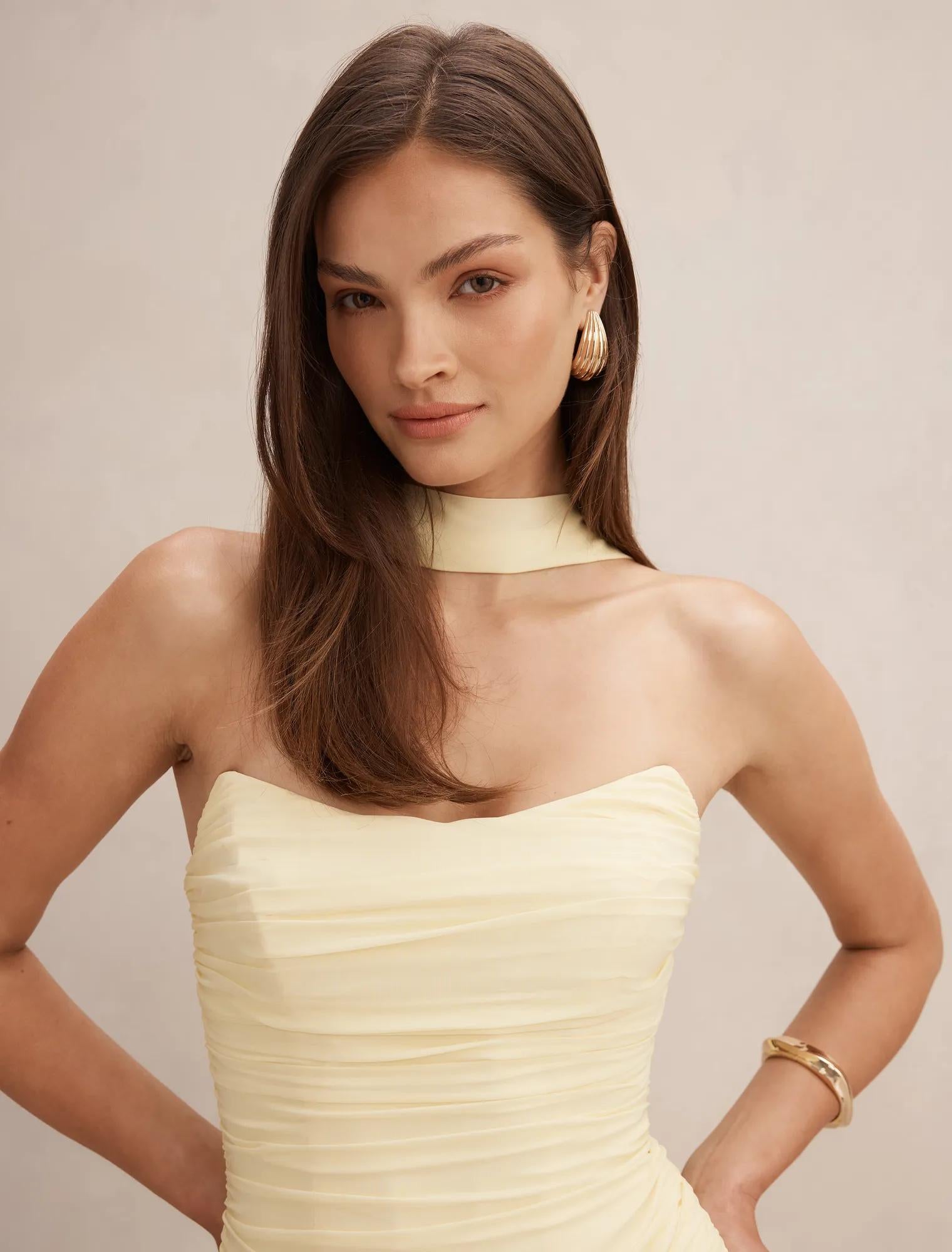 Arli Strapless Ruched Maxi Dress Lemon