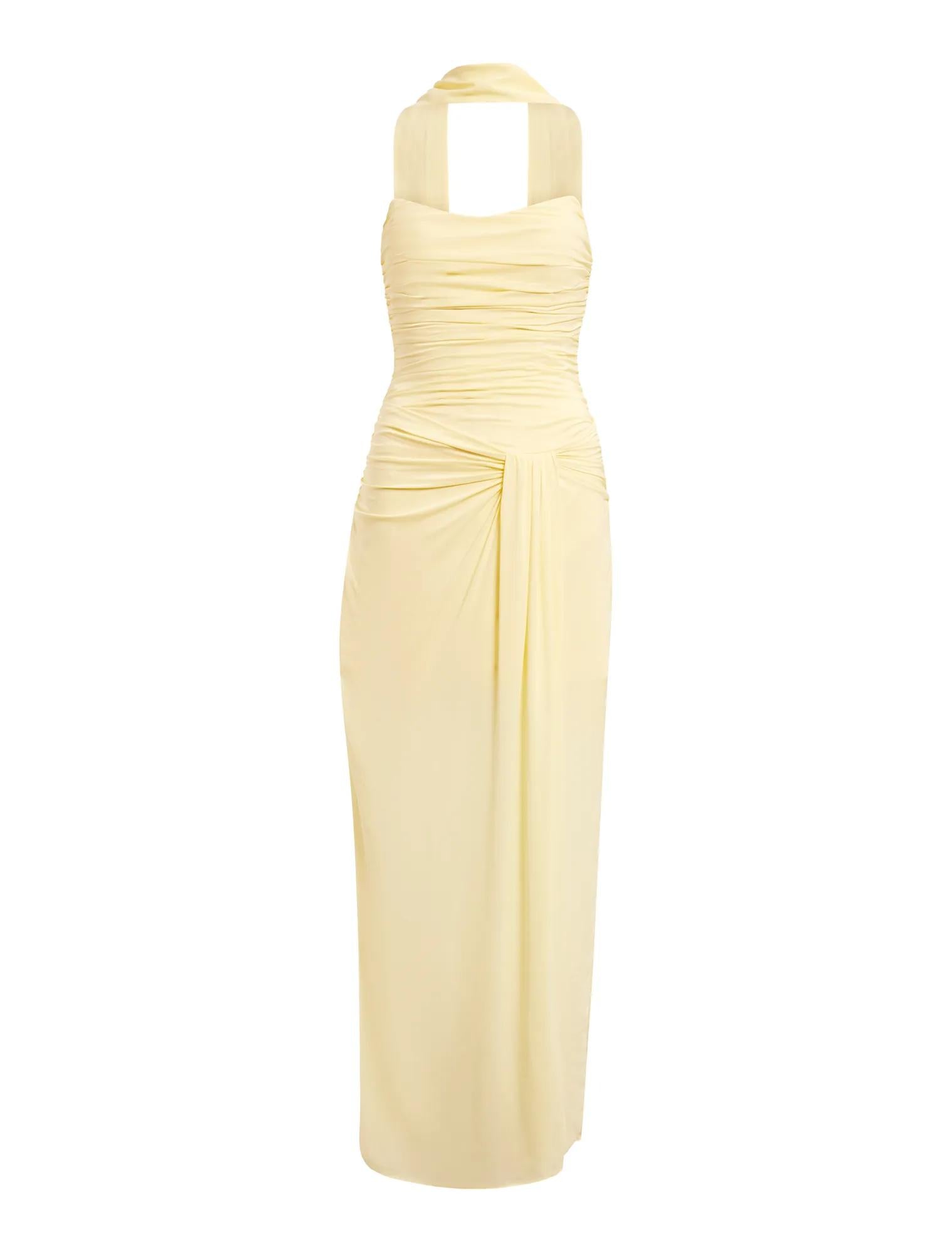 Arli Strapless Ruched Maxi Dress Lemon_mannequin