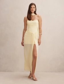Arli Strapless Ruched Maxi Dress Lemon