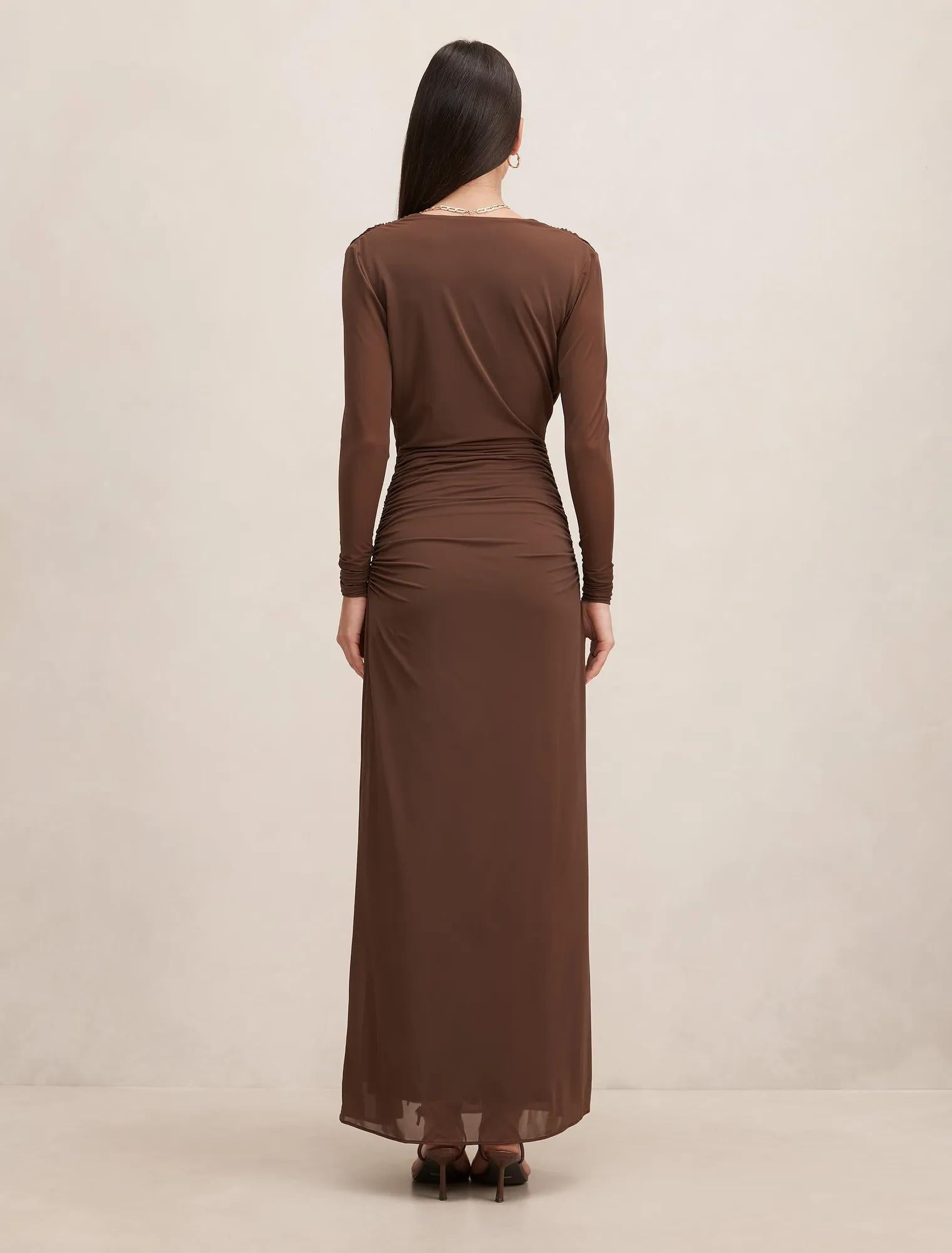 Amara Draped Mesh Maxi Dress Chocolate