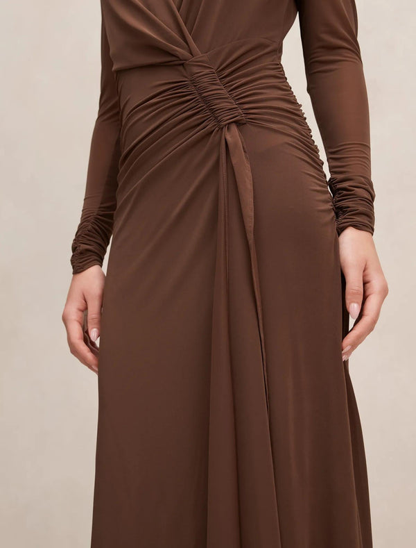 Amara Draped Mesh Maxi Dress Chocolate