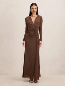 Amara Draped Mesh Maxi Dress Chocolate