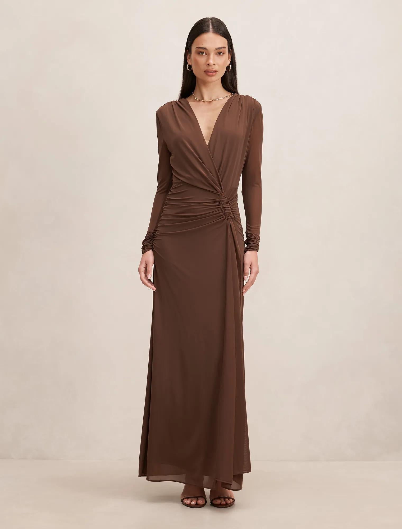 Amara Draped Mesh Maxi Dress Chocolate