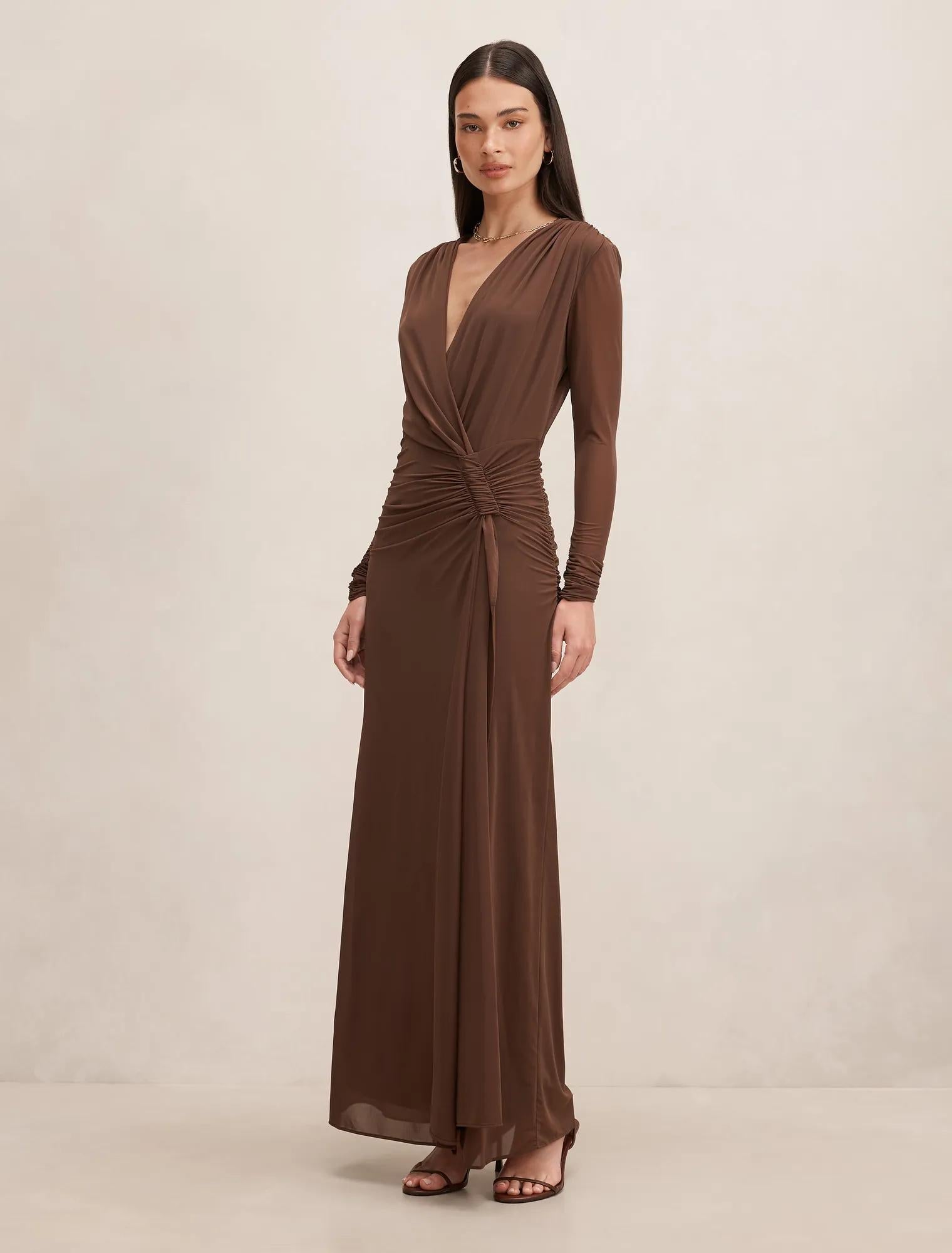 Amara Draped Mesh Maxi Dress Chocolate