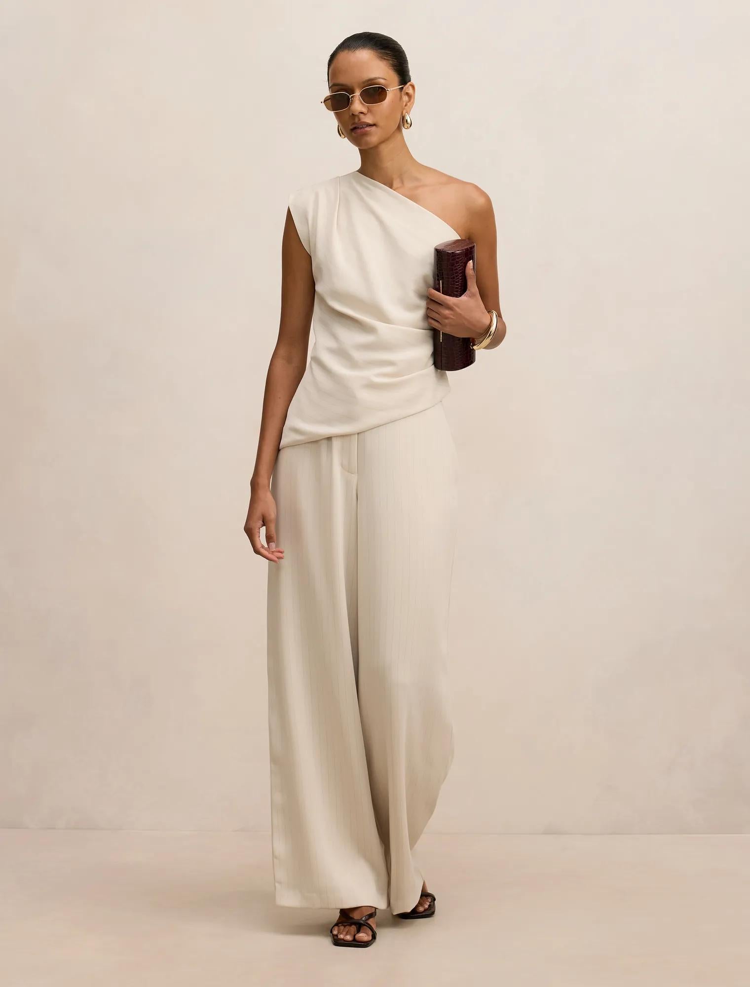 Willow Petite Wide Leg Pants Milk Pinstripe Set