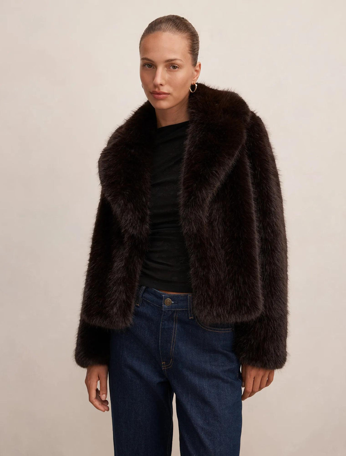 Paige Long Hair Fur Short Jacket Chocolate