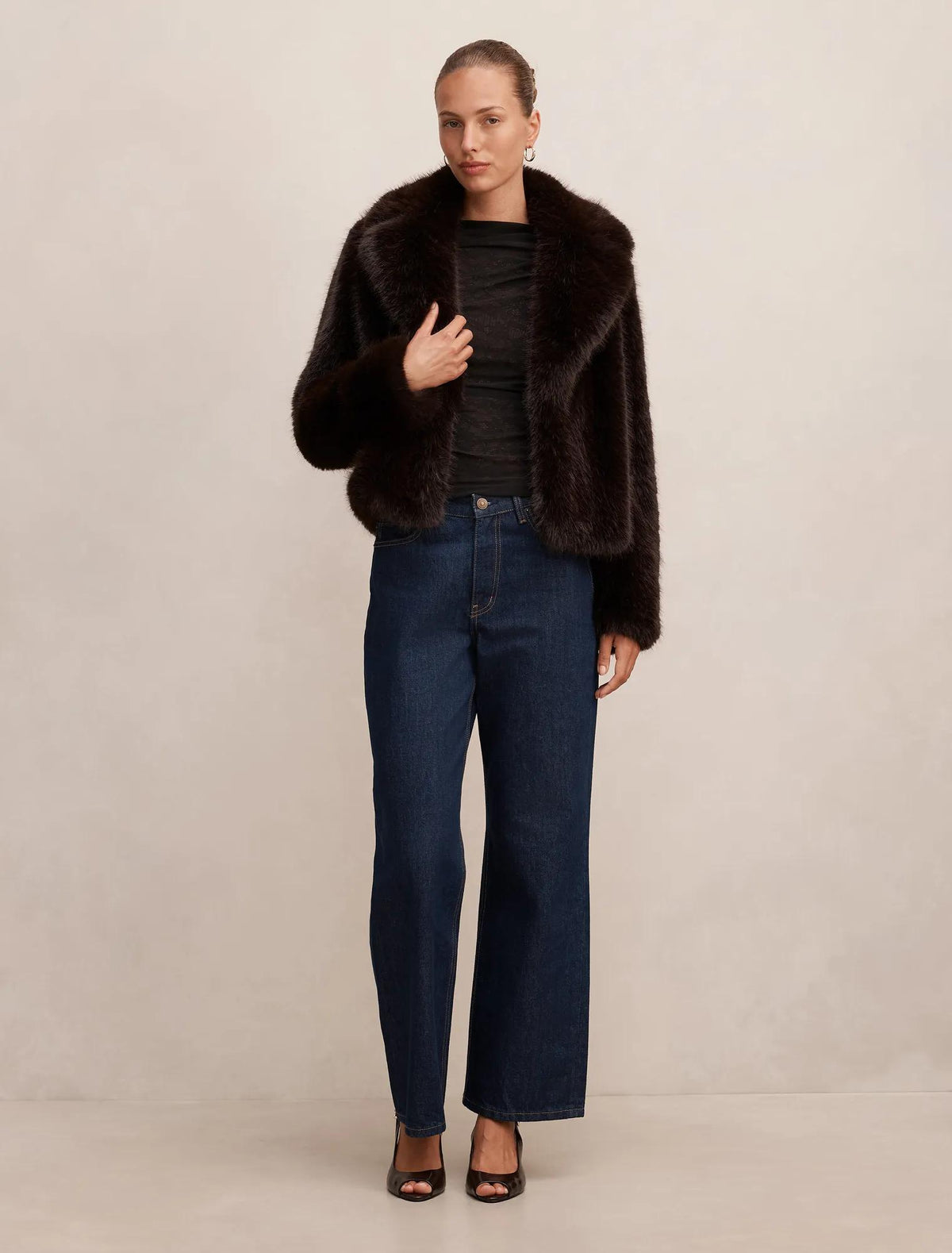 Paige Long Hair Fur Short Jacket Chocolate