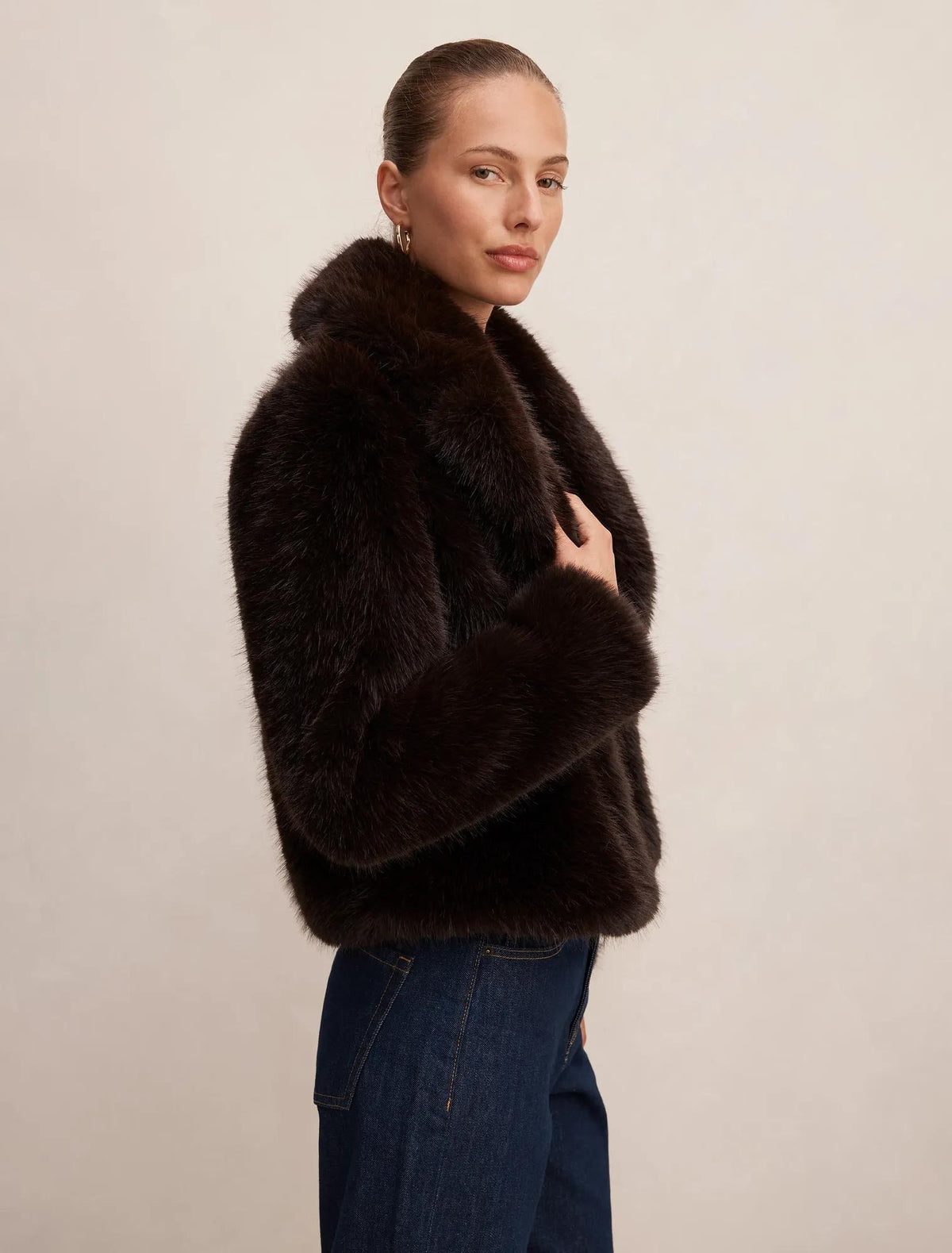 Paige Long Hair Fur Short Jacket Chocolate