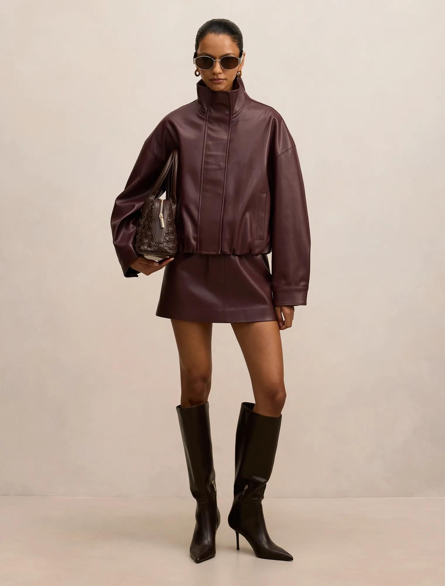 Jacquie Petite PU Funnel Neck Berry Co-Ord