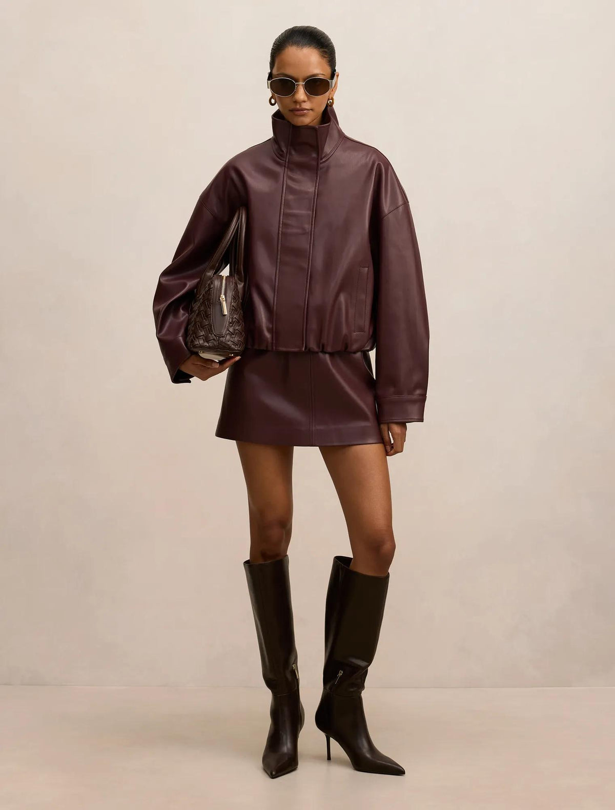 Jacquie Petite PU Funnel Neck Berry Co-Ord
