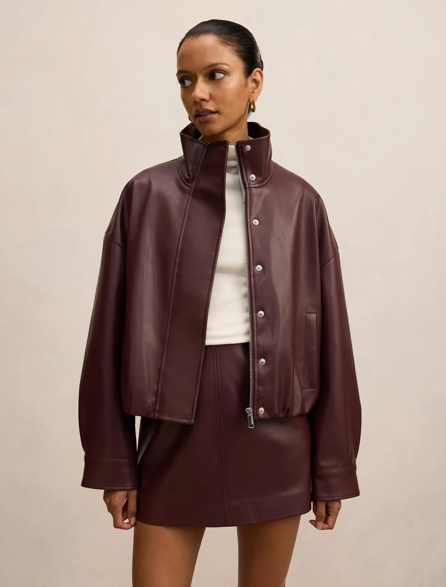 Jacquie Petite PU Funnel Neck Berry Co-Ord