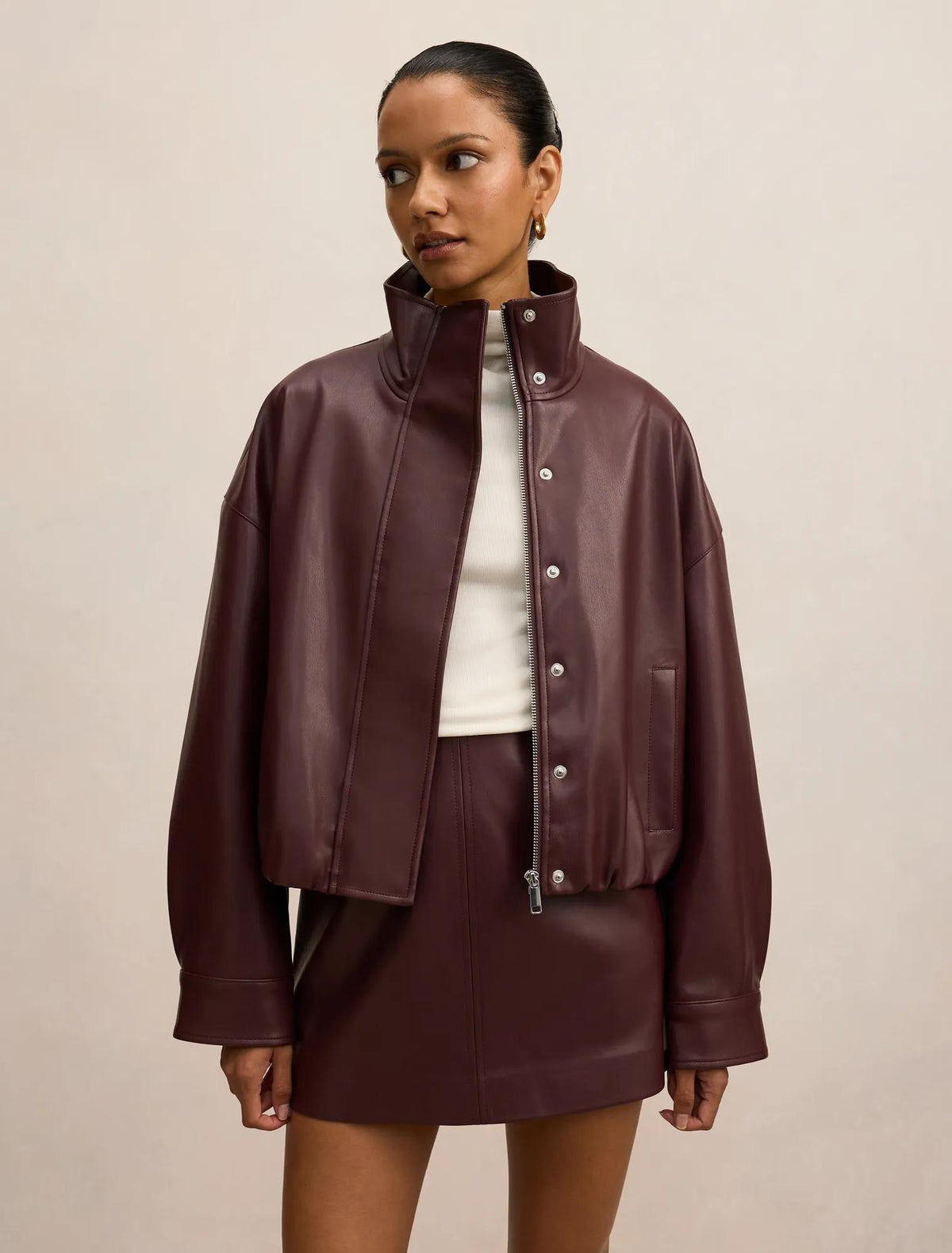 Jacquie Petite PU Funnel Neck Berry Co-Ord