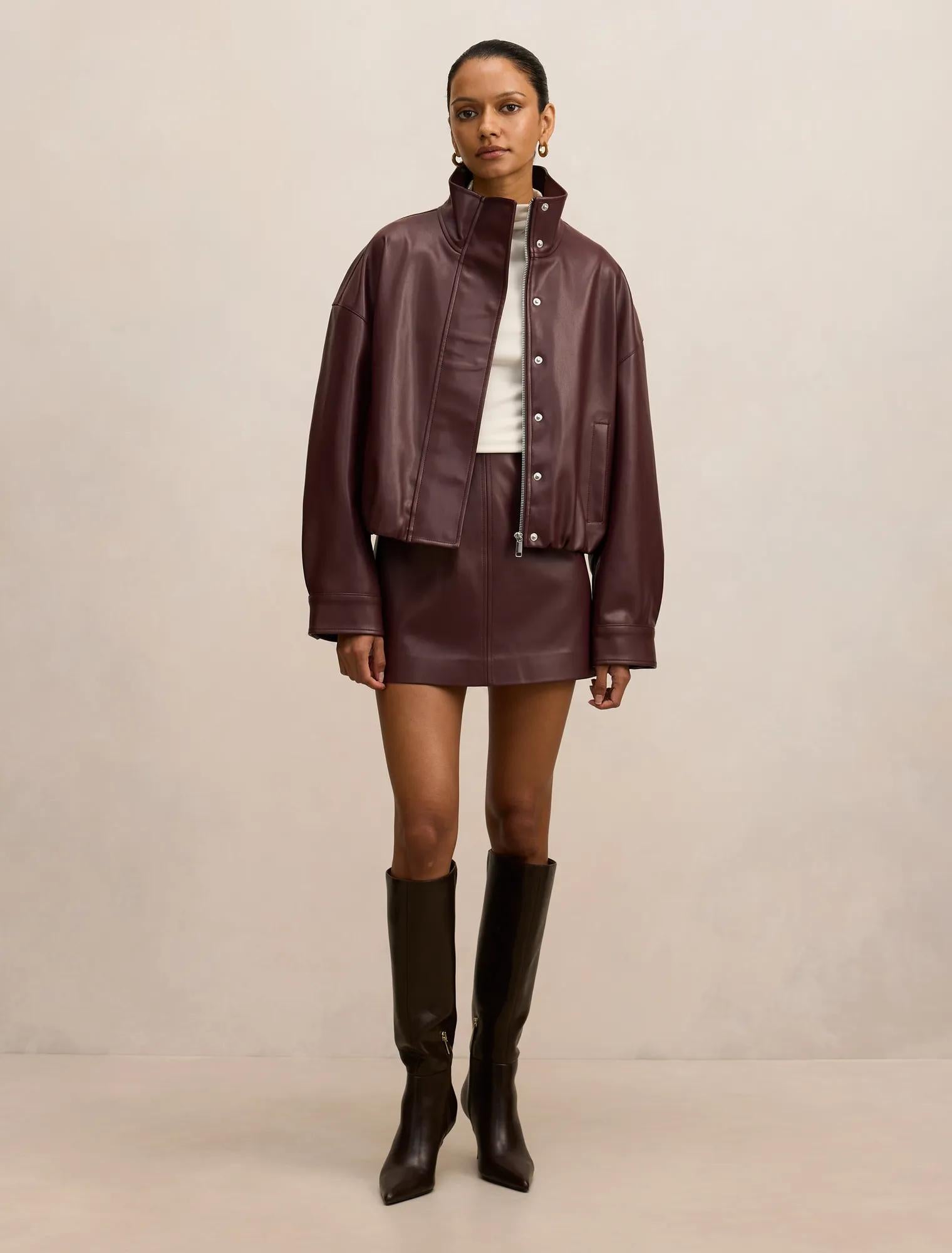 Jacquie Petite PU Funnel Neck Berry Co-Ord