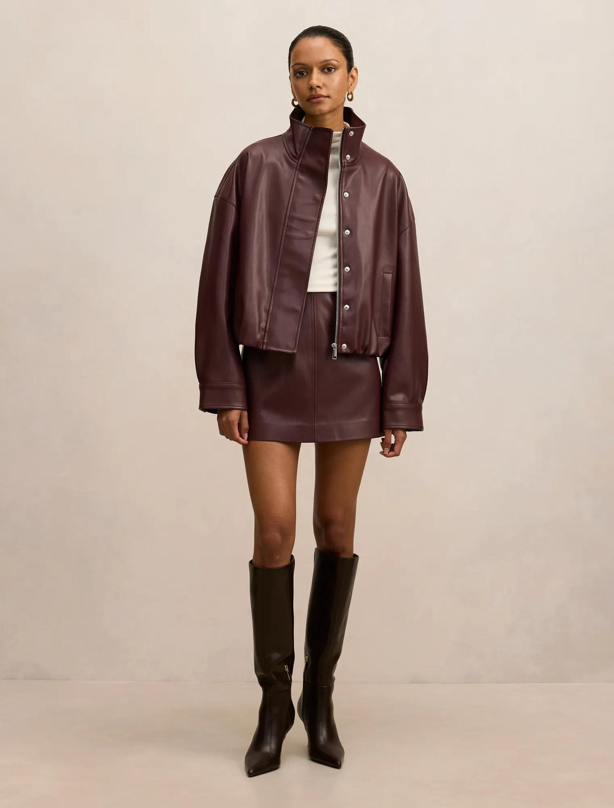 Jacquie Petite PU Funnel Neck Berry Co-Ord
