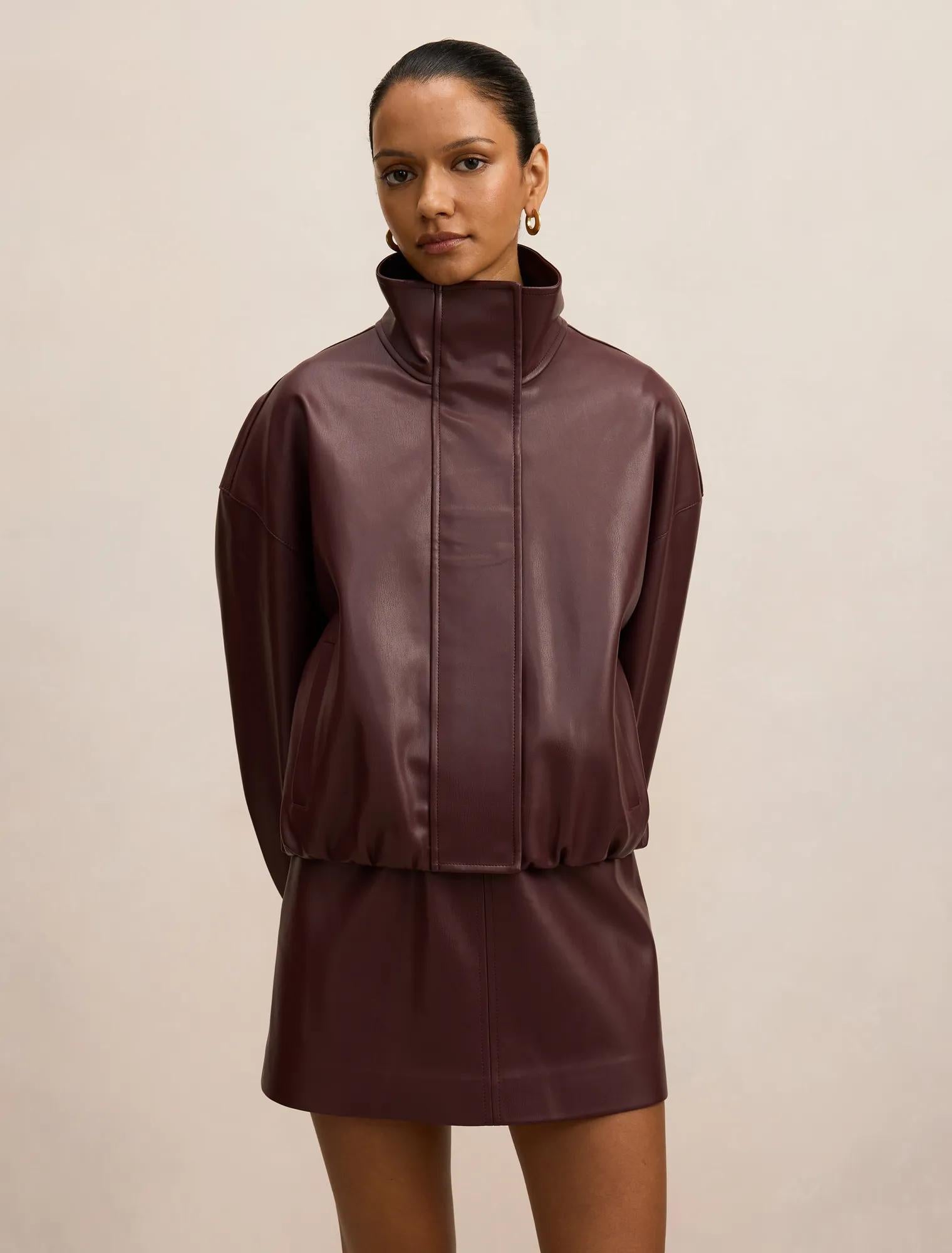 Jacquie Petite PU Funnel Neck Berry Co-Ord