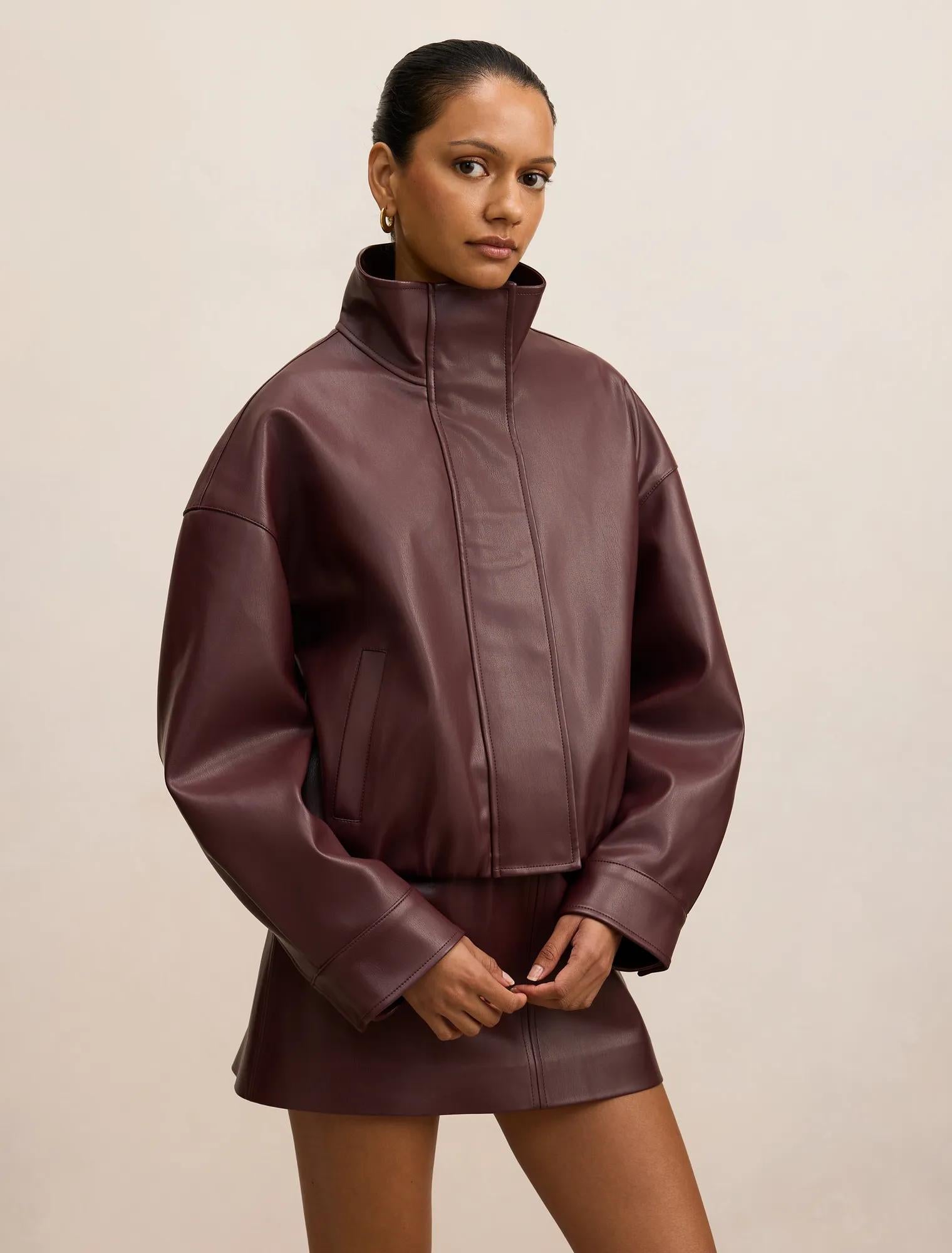 Jacquie Petite PU Funnel Neck Berry Co-Ord